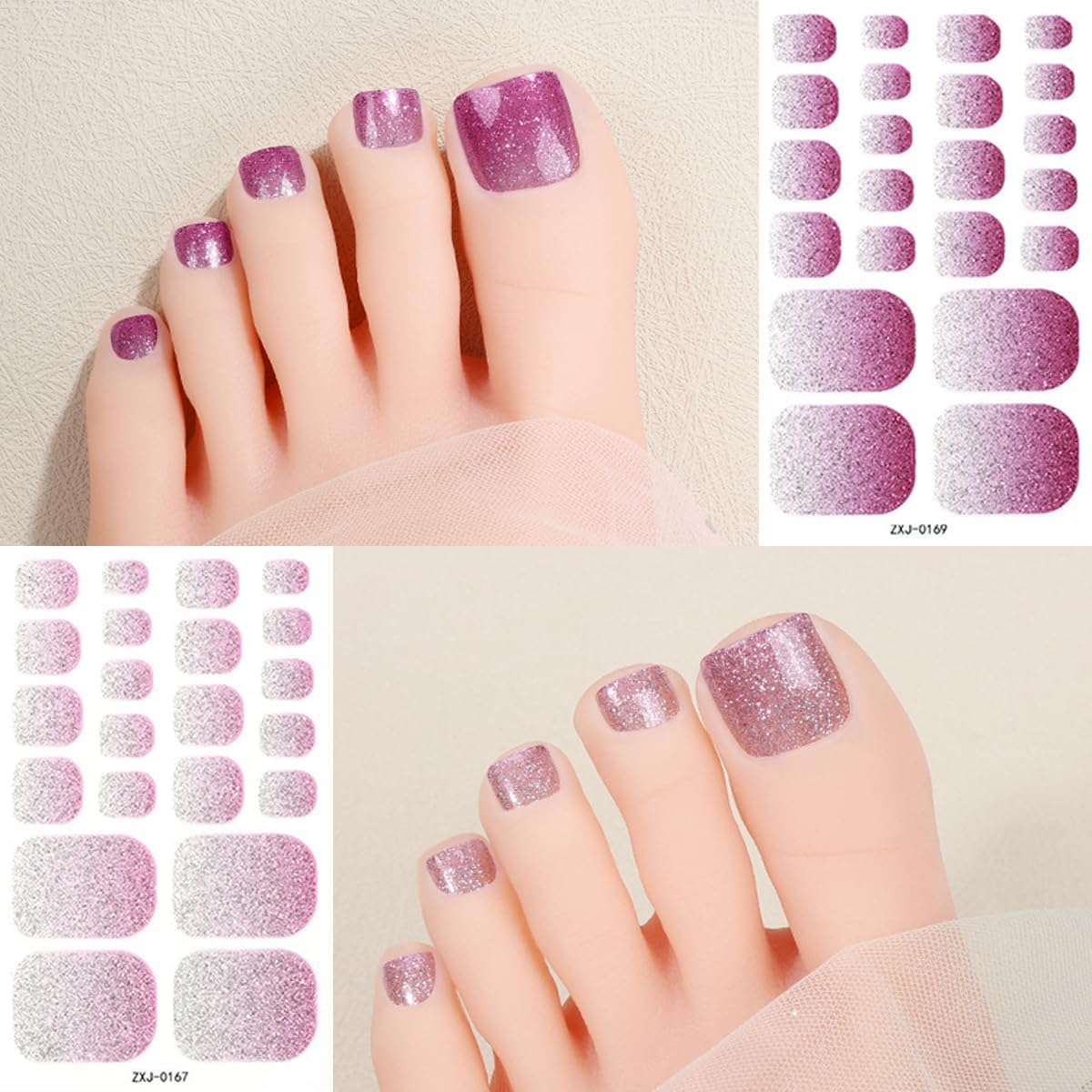 Glitter Toe Gel Nail Stickers - 6 Sheets Full Wraps Polish Strips Supply Self Adhesive Design Decals for Women Girls DIY Manicure Toenail Wraps - Image 5