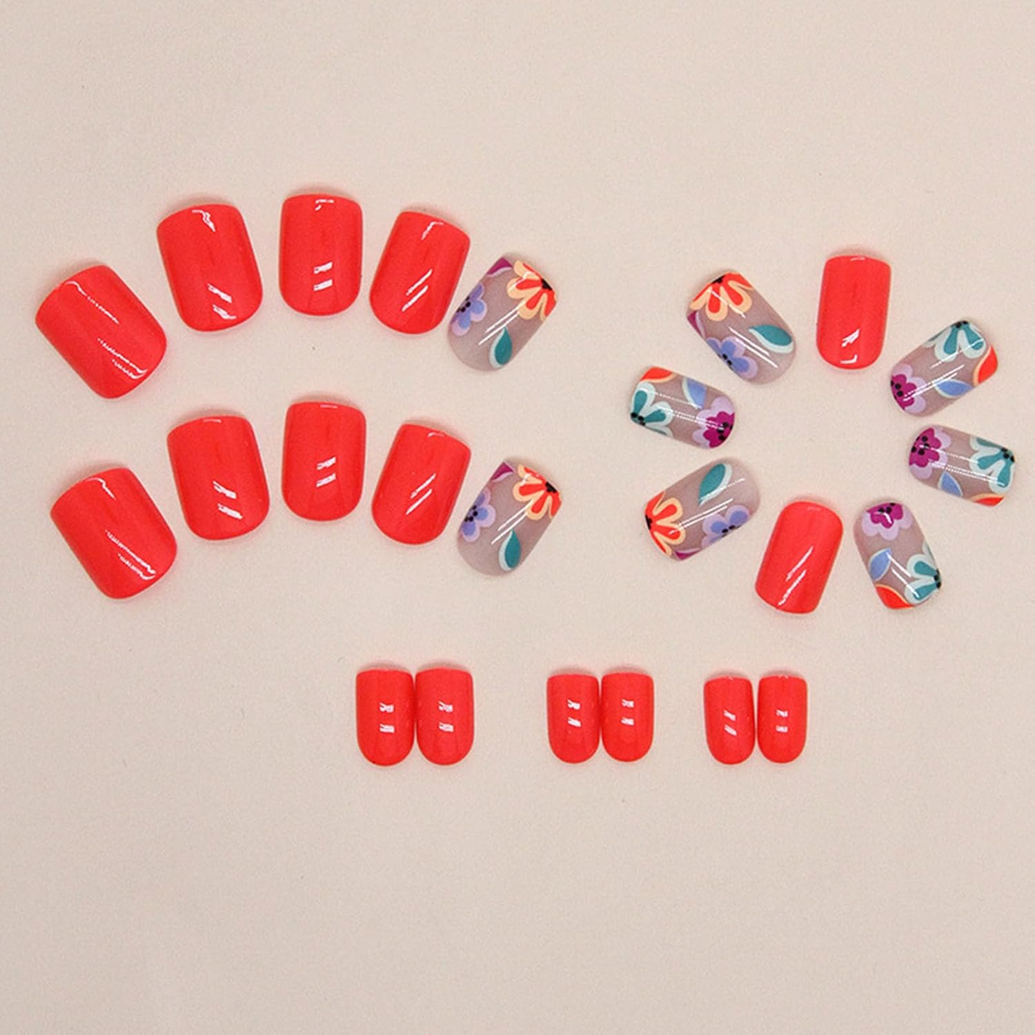 Square Press on Nails Short Fake Nails with Colorful Flower Designs Orange Red Nails Press ons Glossy Glue on Nails Acrylic False Nails Full Cover Stick on Nails for Women 24Pcs - Image 2