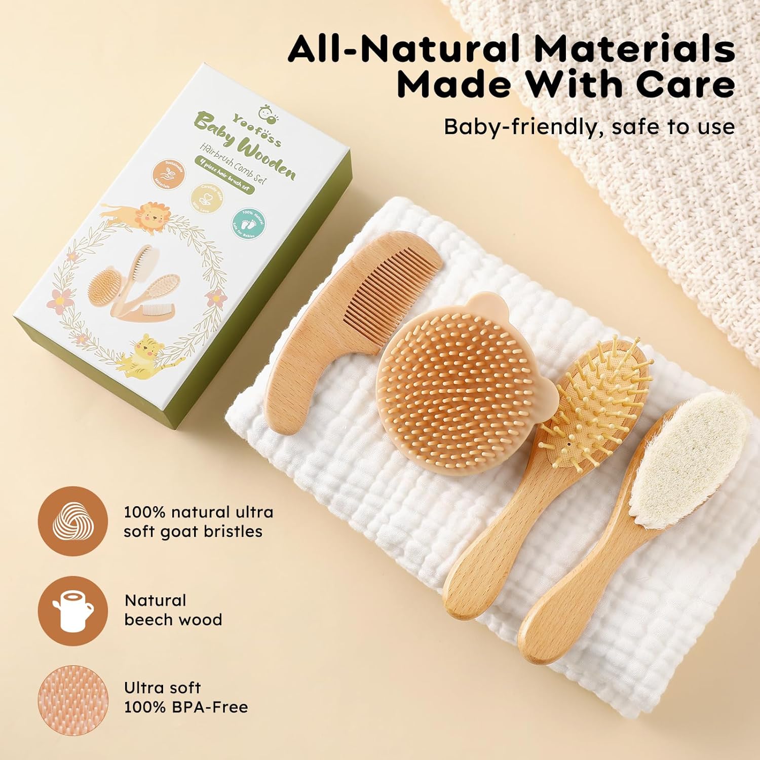 Yoofoss 4 Piece Baby Brush and Comb Set, Wooden Baby Brush with Natural Ultra Soft Goat Hair, Baby Hair Brush for Newborn, Baby Brush Set for Boy Girl - Image 4