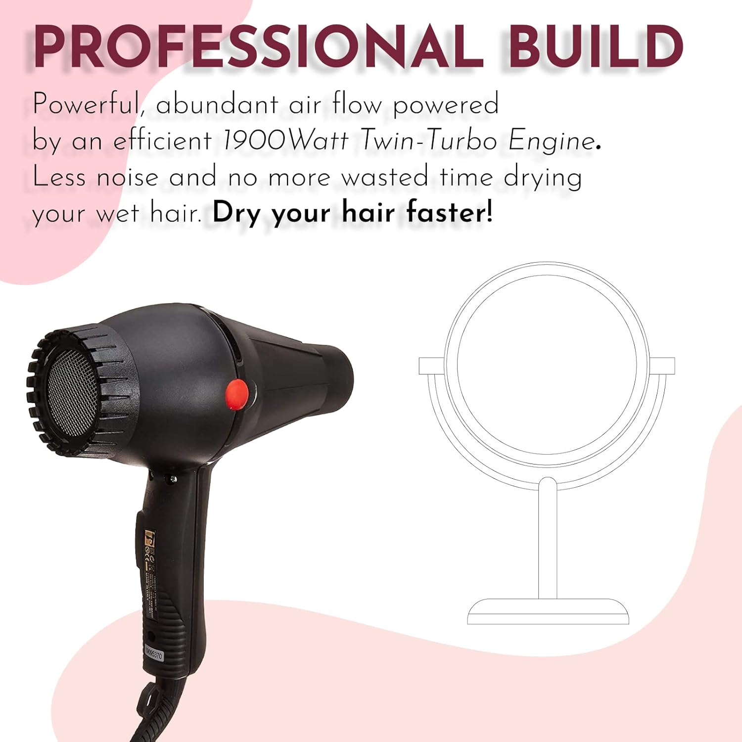Turbo Power Hair Dryer Ionic Professional, Black, Twin Turbo Blower Advanced, Comes with Brush, (3900- TP) - Image 2