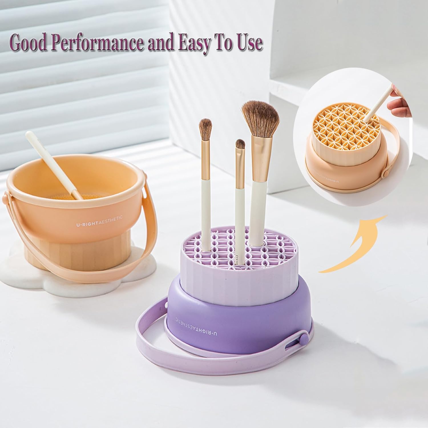 3 in 1 Brush Cleaning Mat with Brush Drying Holder, Silicone Makeup Brush Cleaner Mat Make Up Brush Cleaning Bowl Cosmetic Brush Washing Tool for Makeup Brush, Sponge, Powder Puff (Purple) - Image 5