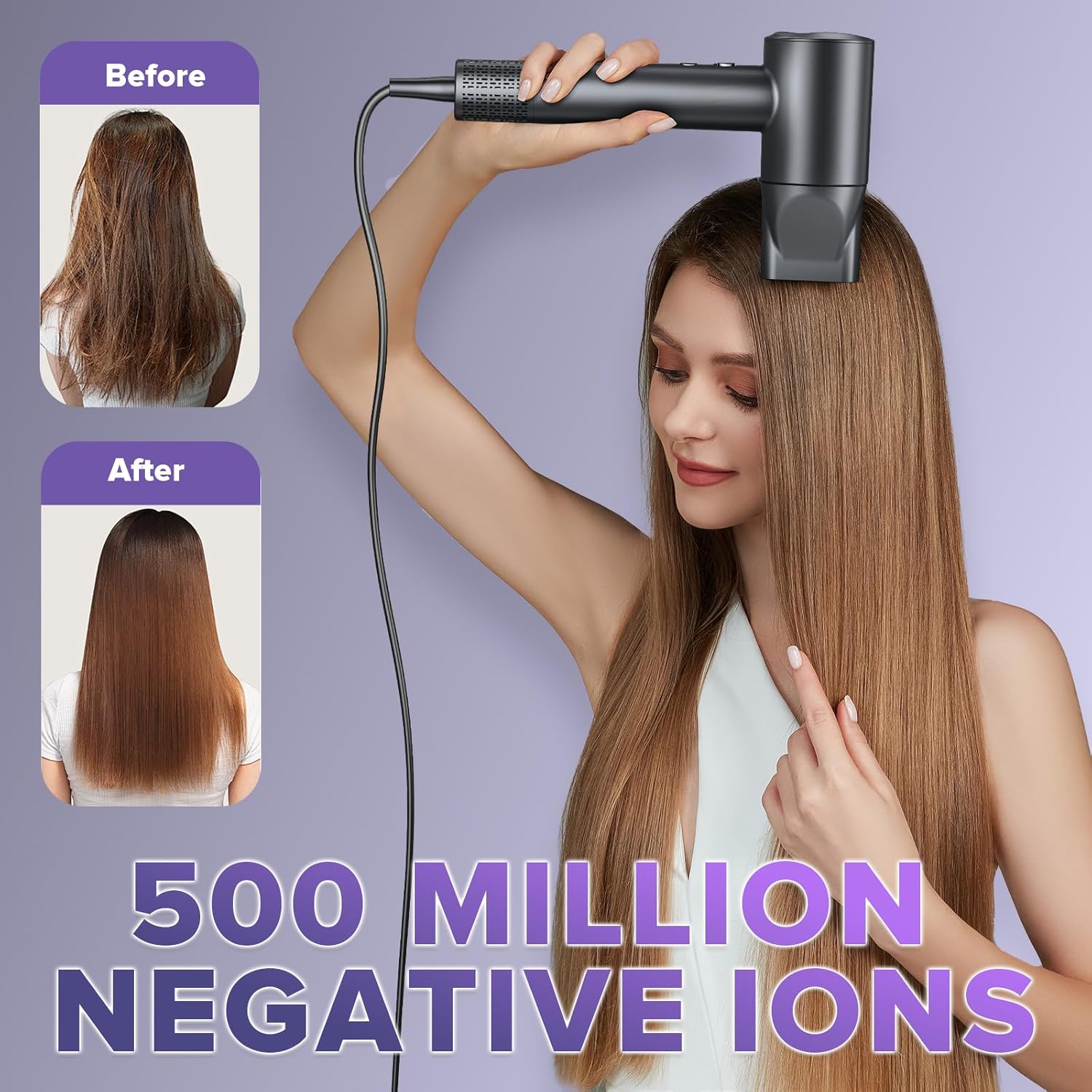 Hair Dryer, 150000 RPM Ionic Hair Dryer Portable Lightweight Blow Dryer with 500 Million Negative Ions, Fast-Drying, Lightweight and Quiet with Diffuser & Nozzle, Perfect for Home and Travel-Black - Image 3