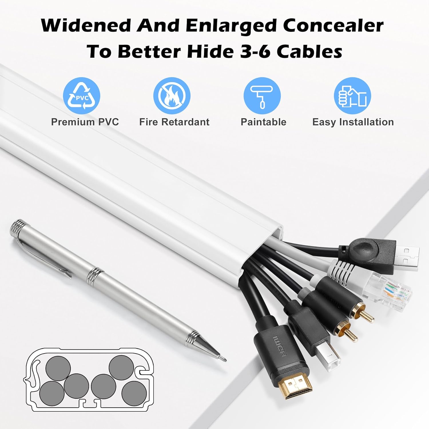 TV Cord Hider - 39in(3xL13in) Cord Covers for Wall Mounted TV Cable Hider Wall Kit | Wire Hiders for TV on Wall, Wire Covers for Cords, Cable Concealer Hide Cords, 1.5" W x 0.75" H, White - Image 4