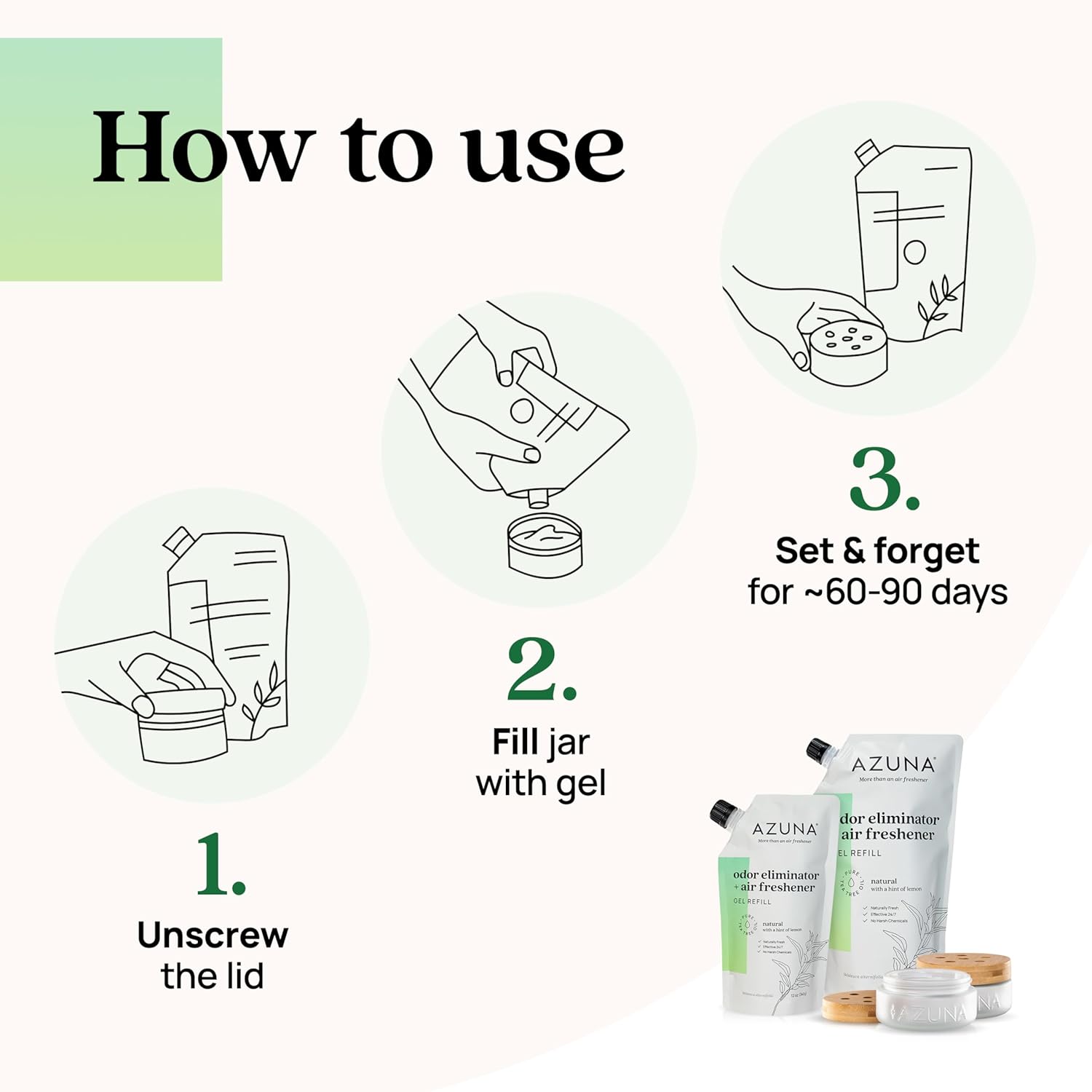 Azuna Air Freshener & Odor Eliminator for Strong Odor | 2 Room Kit Includes (2) 8 oz. Empty Luxe Glass Jars & 12 oz | Refill with Tea Tree Essential Oil Gel | Natural Scent | Last 60-90 Days - Image 3