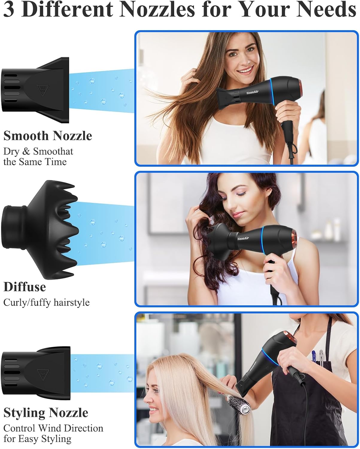 Hair Dryer with Diffuser, Professional Ionic Hair Dryer with Blue Light AC Motor, 2000W Fast Drying Hair Blow Dryer Low Noise Care Hairdryer for Women (Black with 2*Nozzle+Diffuser) - Image 6