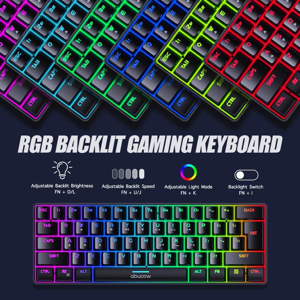 abucow Gaming Keyboard Minimalist Portable Wired Ultra-Compact Mini Imitation 61 Keys RGB Backlit Keyboard (Black) - Image 2