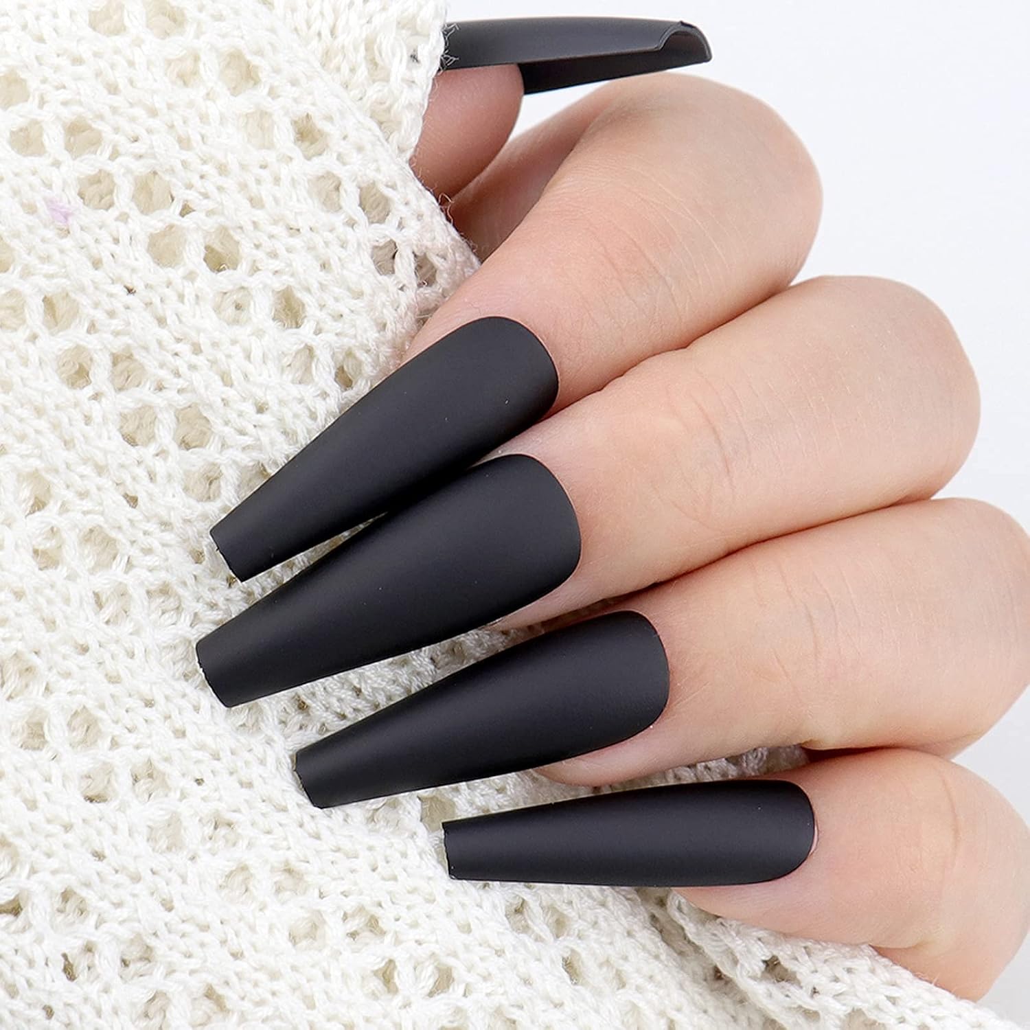 AddFavor 100pcs Coffin Fake Nails Full Cover Long Press on Nails Pure Color Matte Acrylic False Nail Tips for Women and Girls (Black) - Image 4