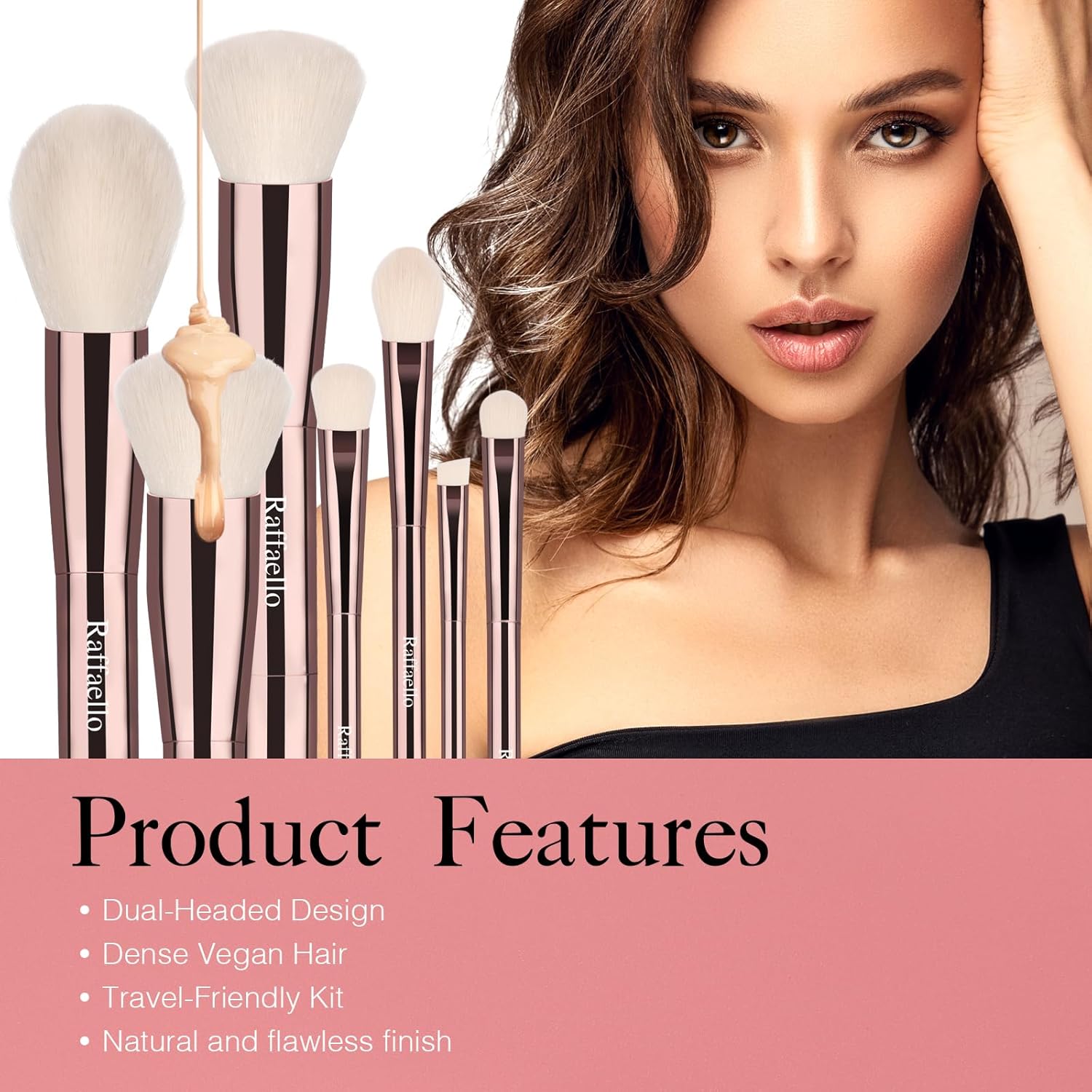 Raffaello 6-in-12 Dual-Ended Makeup Brushes Set, Sustainable Rose Gold Brushes with Recycled Materials, Includes White Faux Leather Pouch, Professional Face & Eye Makeup Kit for Travel and Daily Use - Image 4