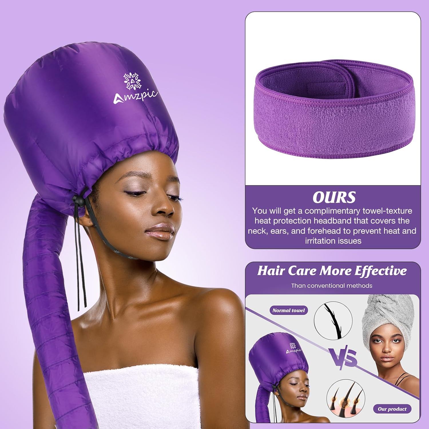 Bonnet Hood Hair Dryer Attachment - Soft, Adjustable Extra Large Bonnet Hair Dryer for Speeds Up Drying Time at Home, Easy to Use for Styling, Curling and Deep Conditioning (Purple) - Image 3