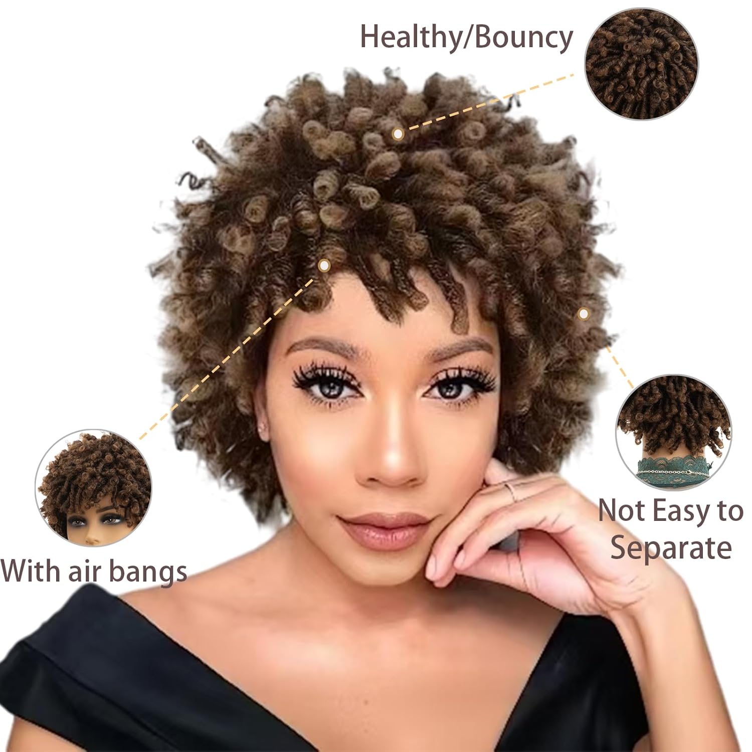 Short Curly Ombre Brown Afro Wig for Black Women, Braided Dreadlock Synthetic Hair Glueless, African American Women's Natural Style - Image 2