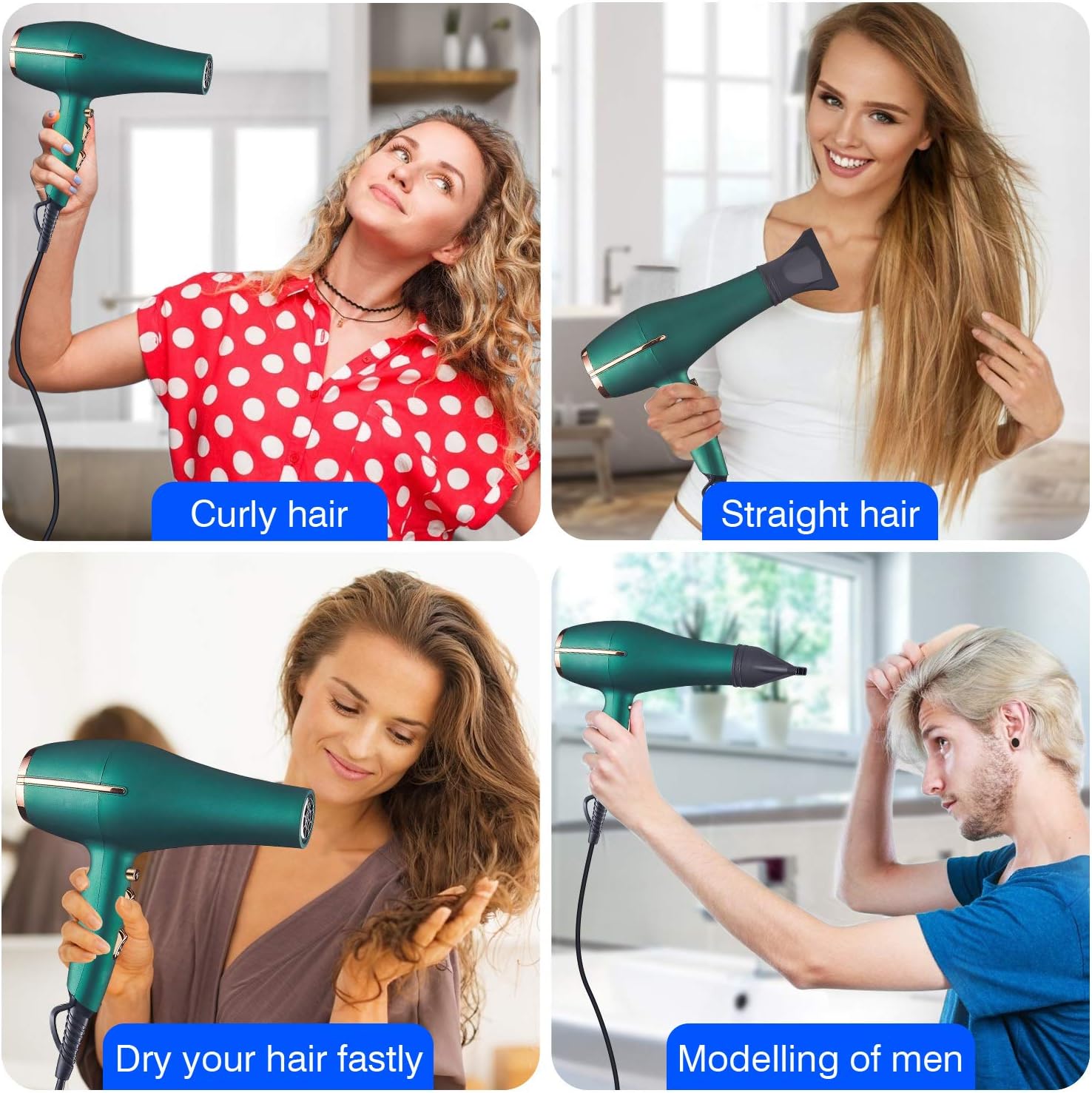 2000 Watt Negative Ionic Hair Dryer, Professional Salon Blow Dryer, Low Noise Fast Drying & Powerful AC Motor and Diffuser Comb for Men Women,3 Heat & 2 Speed Settings, Easy to Use- Green - Image 6