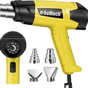 ROMECH Heat Gun, Heavy Duty Fast Heating, Variable Control 120°F~1200°F (50℃-500℃) 4 Nozzles Heat Gun for Crafting, Shrink Tubing,Vinyl Wrap(Yellow)