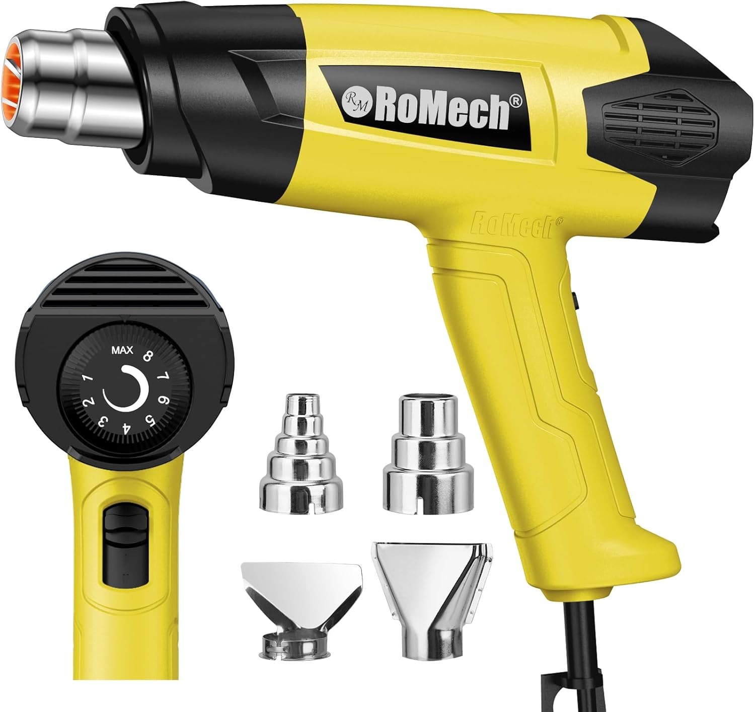 ROMECH Heat Gun, Heavy Duty Fast Heating, Variable Control 120°F~1200°F (50℃-500℃) 4 Nozzles Heat Gun for Crafting, Shrink Tubing,Vinyl Wrap(Yellow)