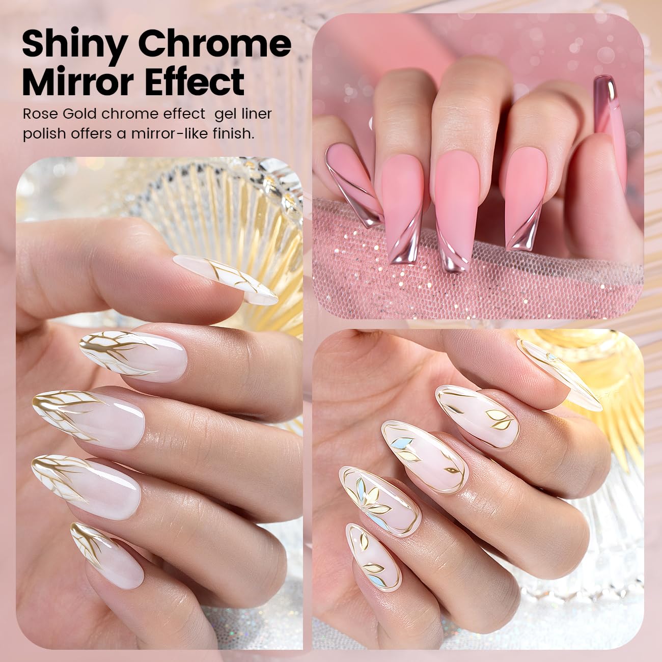 RARJSM Metallic Chrome Gel Liner Nail Art 3D Mirror Bronze Gold Rose Gold Effect Gel Nail Polish 8ml Painting Build in Thin Brush Metal Painted Drawing Striper GelPolish Curing Requires Home Salon - Image 3