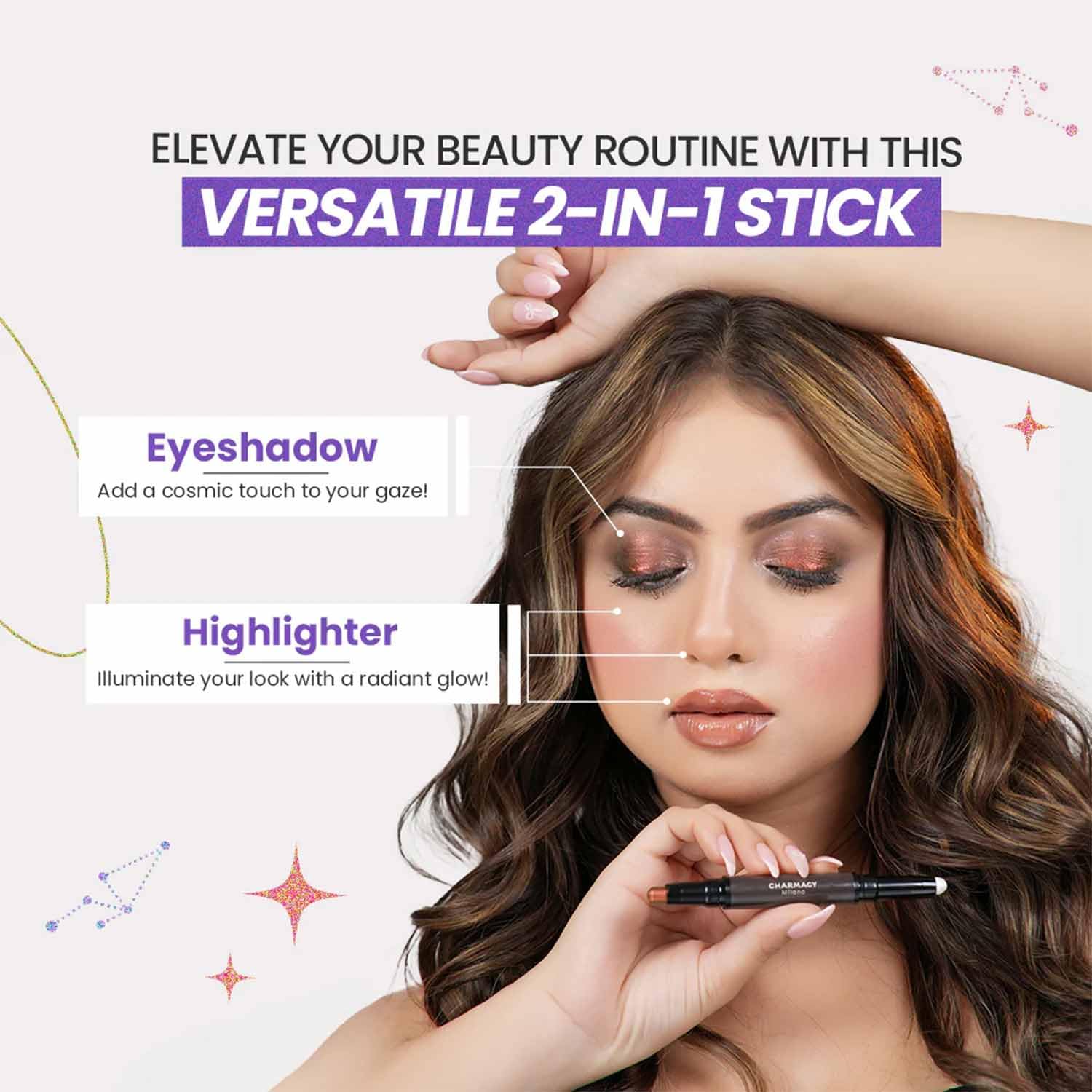 CHARMACY Multichrome 2 in 1 Cream Eyeshadow Stick, Waterproof Eye Brightener Highlighter Stick Makeup, High Pigmented, Smudge-Proof, Vegan & Cruelty-Free (#904) - Image 3