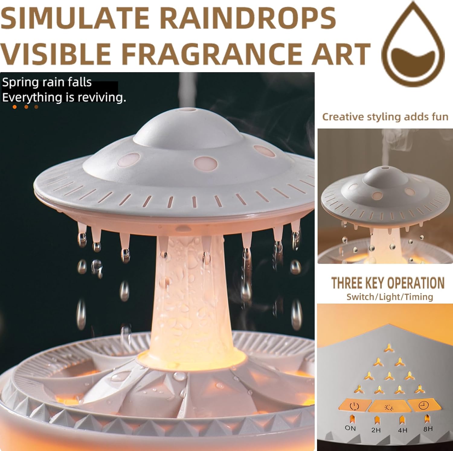 Raindrop Humidifiers for Bedroom -Essential Oil Diffuser with 7 Colors LED Lights,Air Humidifiers,Cool mist humidifier with 4 timers,Vaporizers for nursery,family,bedroom and office(No remote control) - Image 5