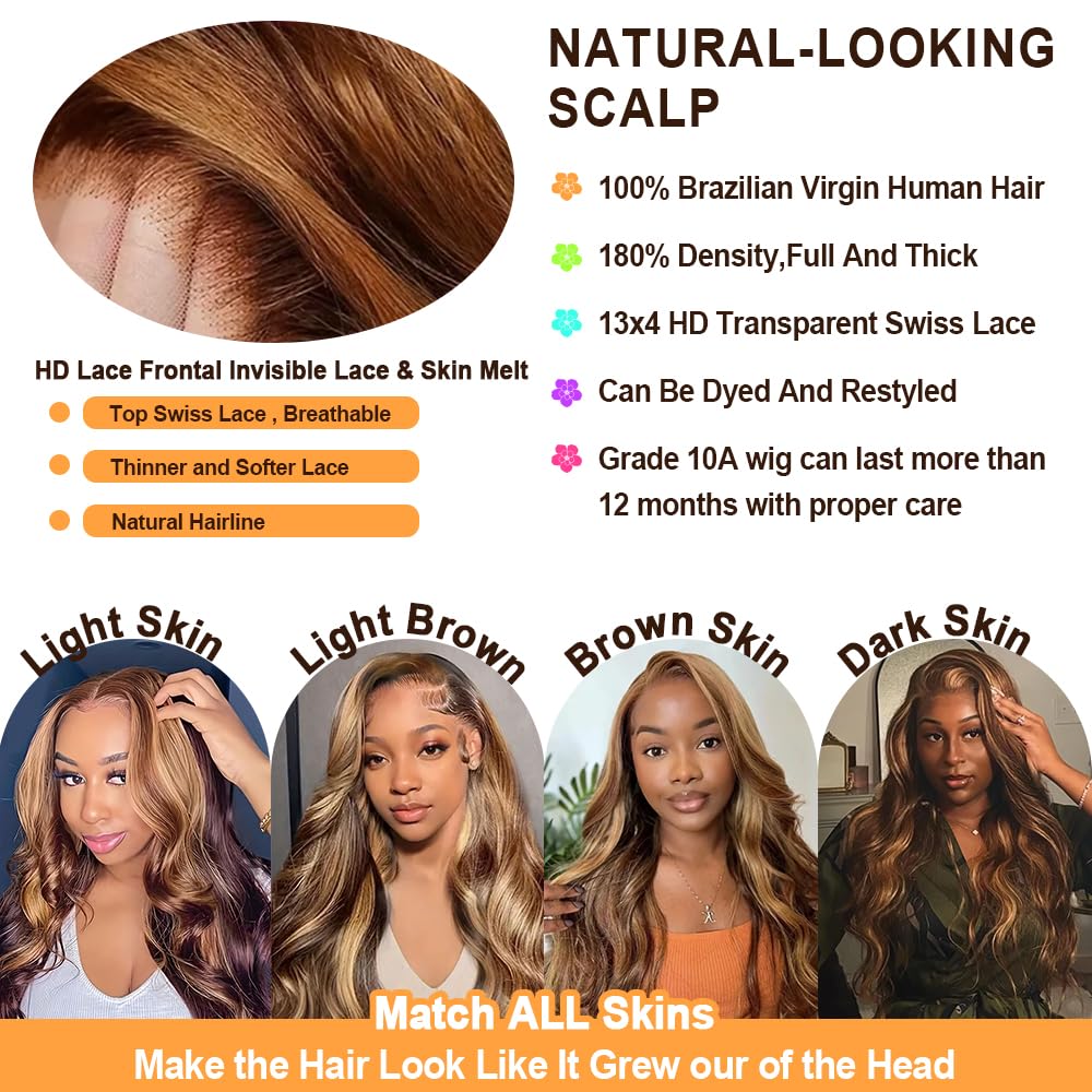 Honey Blonde Ombre Lace Front Wig Human Hair Highlight Wig Human Hair 4/27 Colored Body Wave HD Lace Front Wigs Human Hair Pre Plucked with Baby Hair Frontal Wigs for Women 180% Density 28 Inch - Image 2
