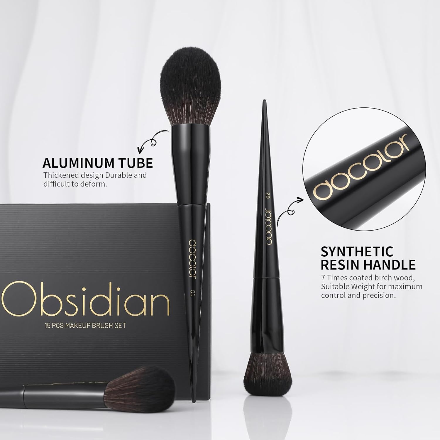 Docolor 15 Piece Obsidian Premium Synthetic Makeup Brush Set for Foundation Contour Blush Eye Shadow - Image 5