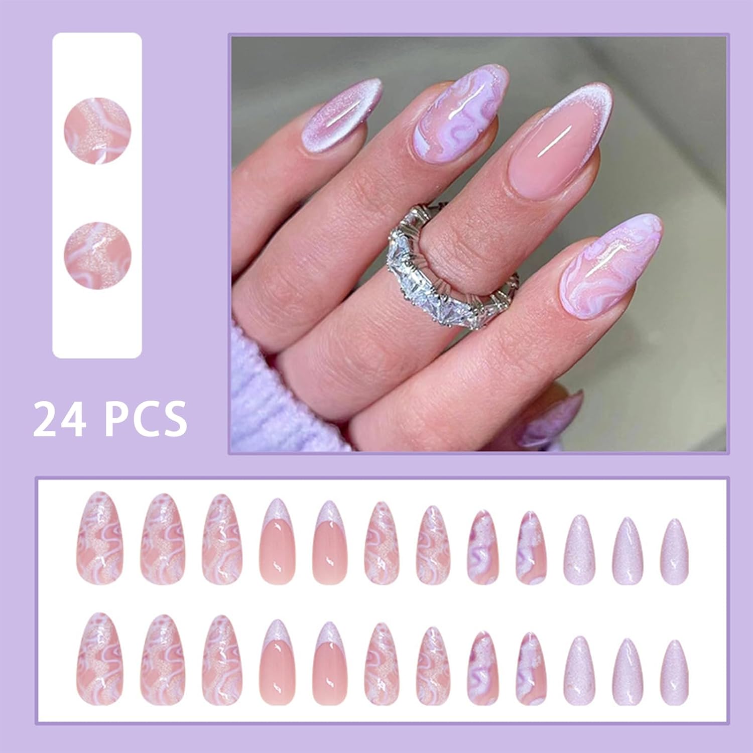 24Pcs Glitter Marble Press on Nails Medium French Tip Fake Nails Nude False Nails with Purple Sparkly Design Glossy Acrylic Nails Full Cover Glue on Nails False Nails for Women Girls Nail Decoration - Image 2