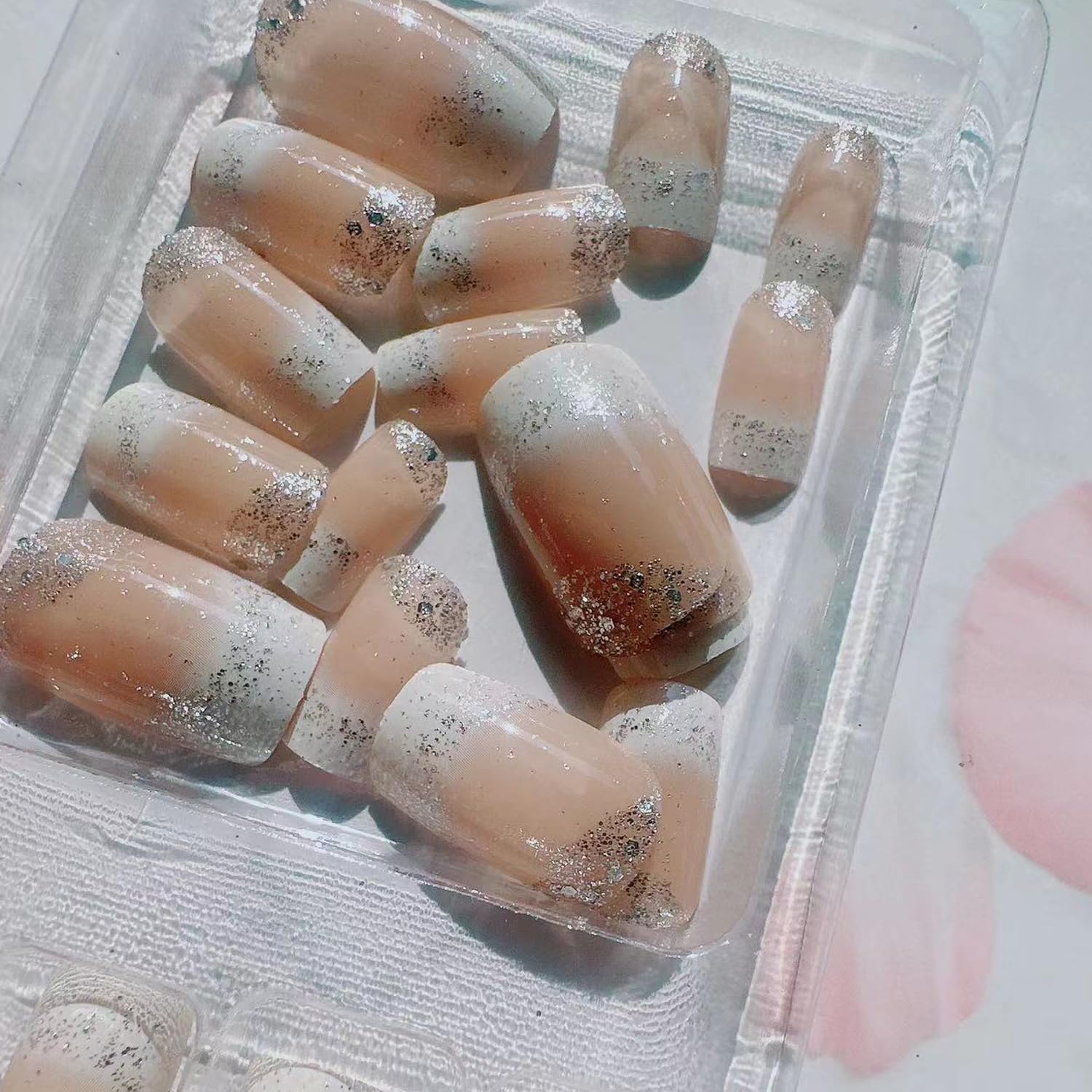 White French Tips Press on Nails Short Square Fake Nails Silver Glitter Acrylic Sparkly False Nails Glitter Stick on Nails Reusable Full Cover Artificial Nail for Women DIY Nail Art Decoration 24Pcs - Image 5