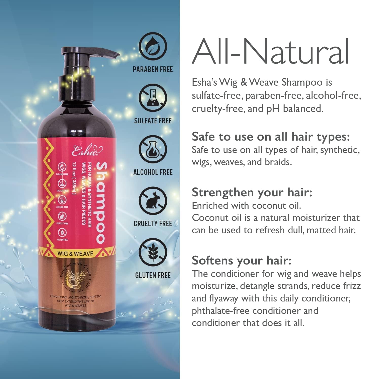 Esha Wig & Weave Revitalizing Shampoo 12 Oz for Human Synthetic Hair - Image 4