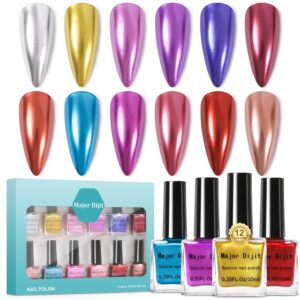 DouborQ Metallic Nail Polish Set,12 Colors Mirror Chrome Glitter Nail Polish 0.35 FL.oz/10ml Holographic Gold Silver Pink Red Purple Nail Polish Manicure
