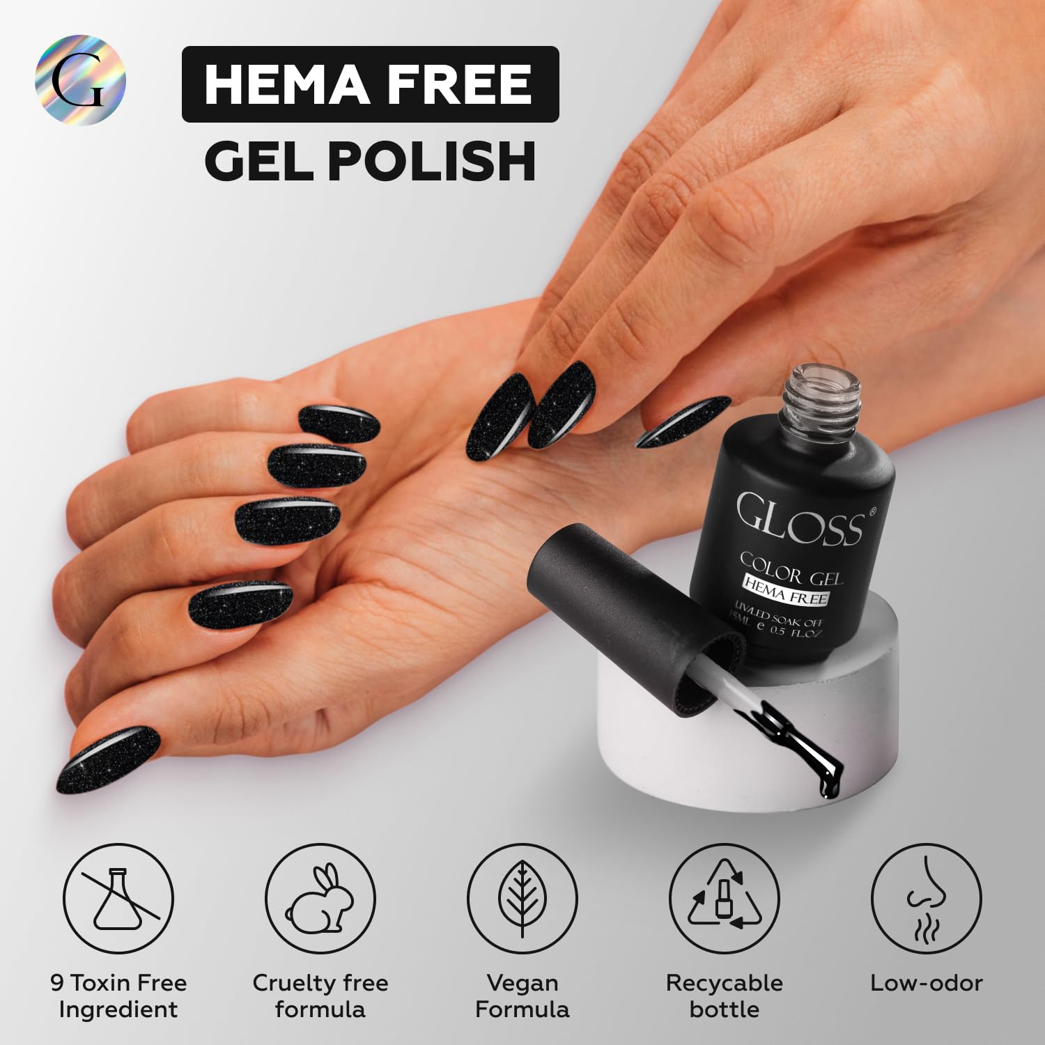 GLOSS Gel Nail Polish | Black Sparkle 15 ml 1 pcs - HEMA Free Nail Polish, Black Soak Off UV LED Gel Varnish, Gel Manicure Nail Art Design for Home & Salon Use, Perfect Holiday Gifts for Women & Girls - Image 5