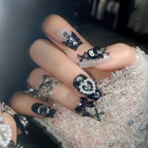 BABALAL Press on Nails Medium Coffin Fake Nails Black French Tip Glue ons Nails Cute Bow Anime Heart Charm Design Acrylic Nails 24Pcs Luxury Bling Ballerina Manicure DIY False Nails