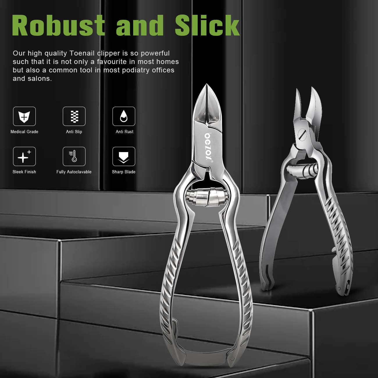 BEZOX Heavy Duty Podiatrist Toenail Clippers for Thick and Ingrown Nails, Stainless Steel Toe Nail Clipper, Pordiatry Ingrwon Toenail Tools - Silver - Image 2