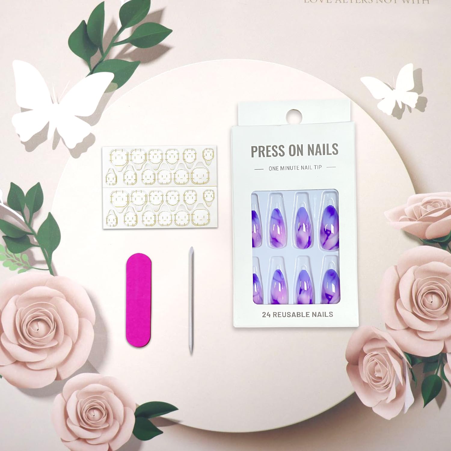 Purple Gradient Press on Nails Long Oval Fake Nails Glossy Almond Glue on Nails Reusable Acrylic Stick on Nails for Women DIY Manicure Decoration - Image 5