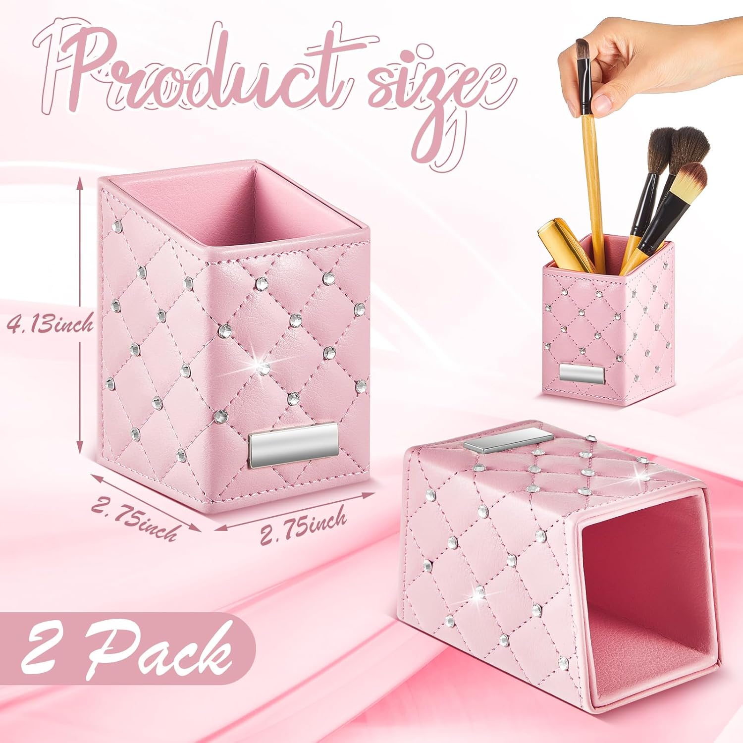 ReliThick 2 Pcs Pink Waterproof Makeup Brush Holder with Crystal Bling Travel Vanity Organizer - Image 2