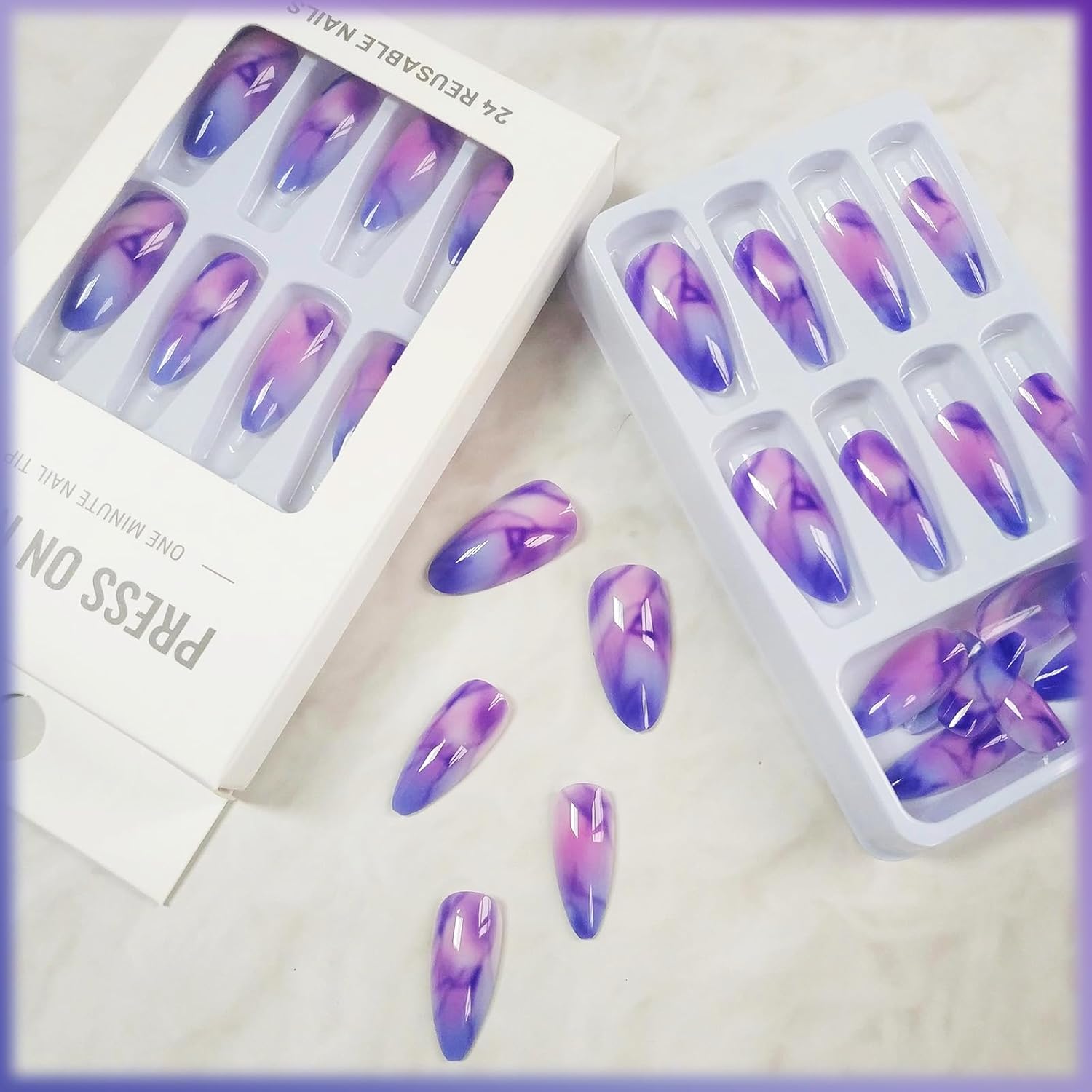24Pcs Marble Press On Nails with Ombre Design, Gradient Manicure Art Acrylic Medium Almond Fake Nails, Stick On Glossy Purple Gradient Full Cover False Nails Gel Glue On Nails for Women and Girls - Image 2