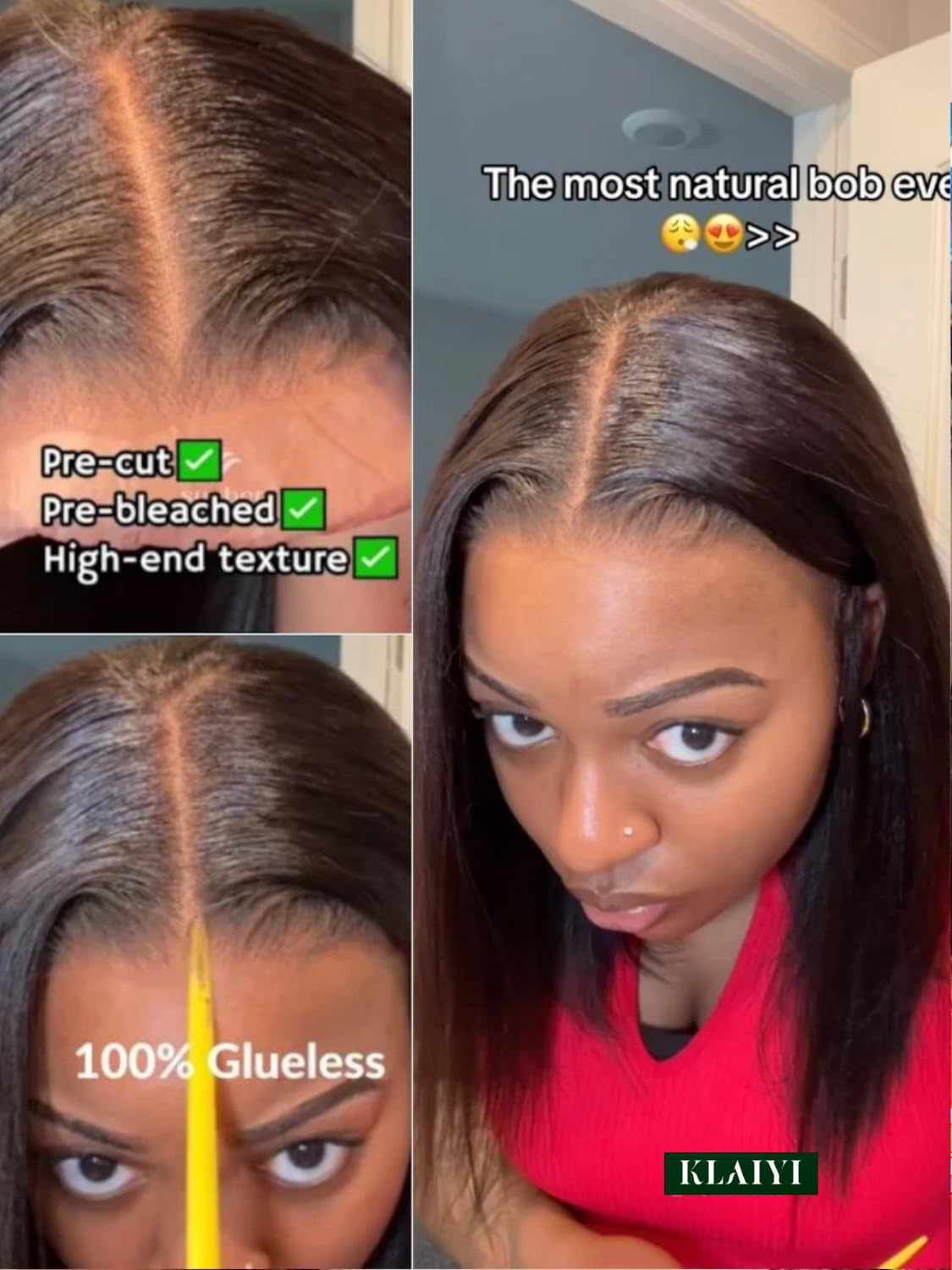 KLAIYI Yaki Straight Bob Wig Bye Bye Knots Glueless Pre Everything 13x4 Lace Frontal Wigs Human Hair Pre Cut Pre Plucked Pre Bleached Put On and Go Wigs for Beginners 30S Easy to Wear Kinky Wig 14Inch - Image 2