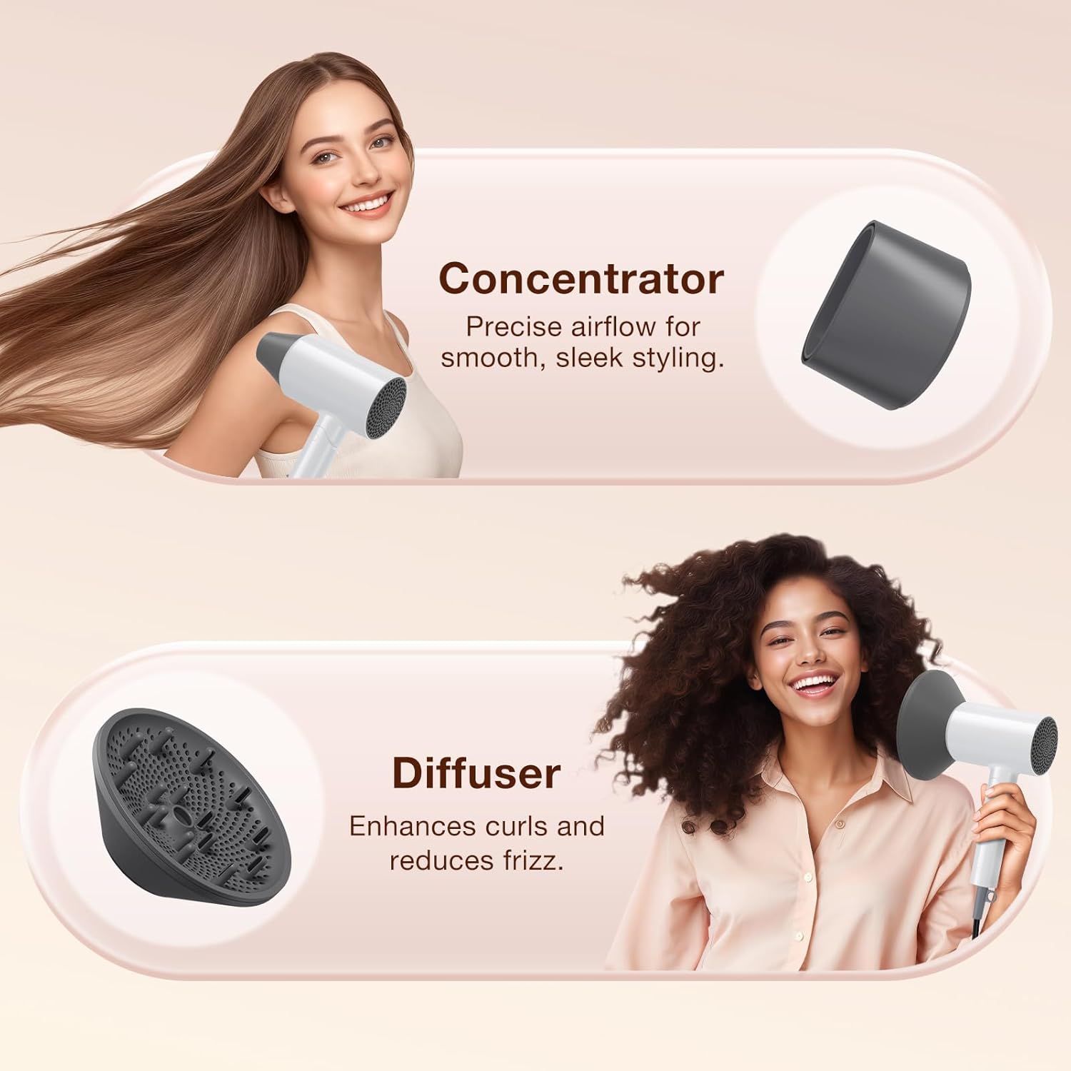 Blow Dryer with Diffuser, 1875W Fast-Drying, Foldable, Ionic Turbo Hair Dryer with Diffuser & Concentrator Nozzle, Compact, 3 Heat & 2 Speed Settings, 8FT Cord for Home Salon, White - Image 6
