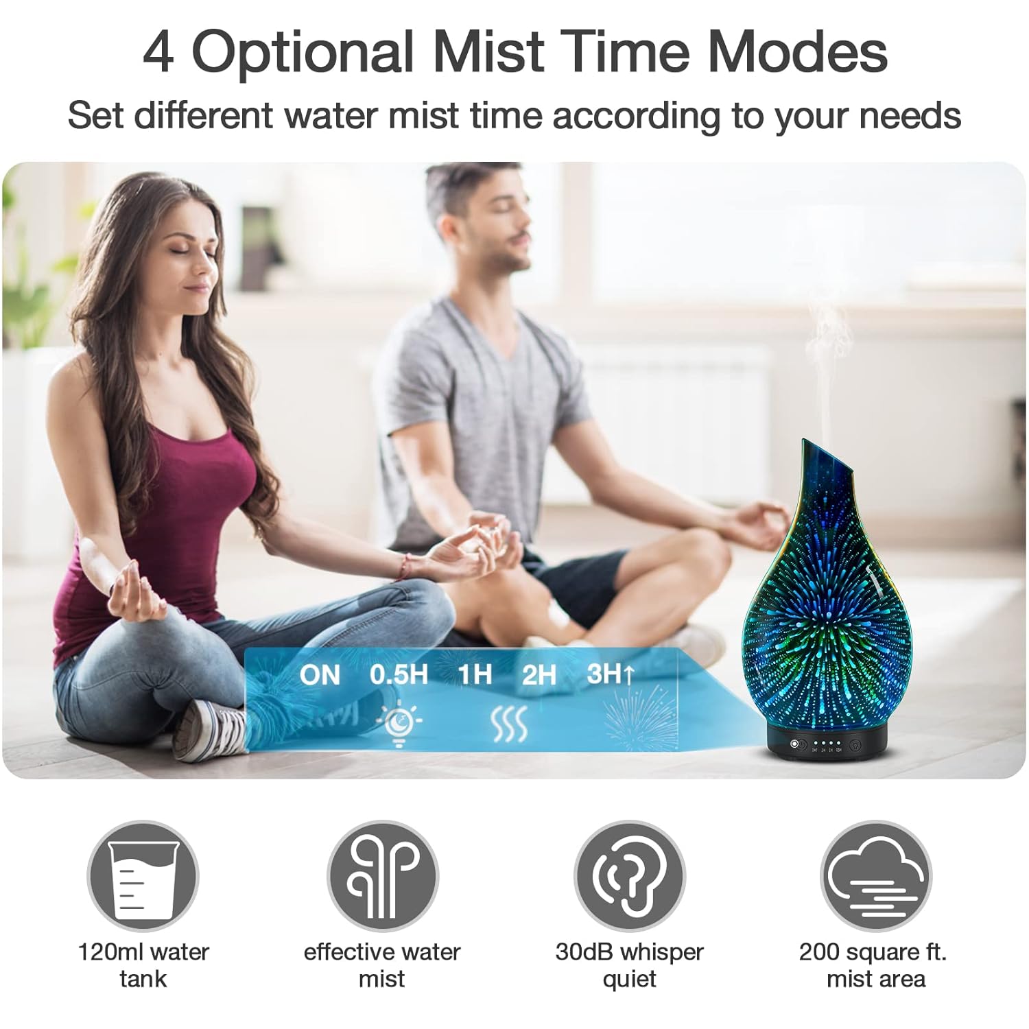 Essential Oil Diffuser Aromatherapy Diffuser- 120 ml Glass Ultrasonic Cool Mist Oil Diffuser, Whisper Quiet with Waterless Auto Shut-Off, 4 Timer Setting,7 Colors Night Light for Home (Silver) - Image 7