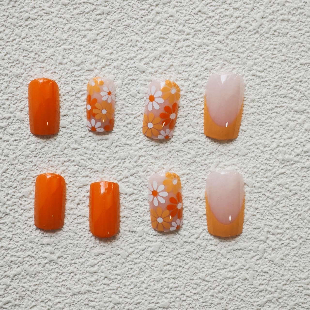 Orange Press on Nails Flower Fake Nails Nude False Nails with Design French Tip Glue on Nails Glossy Artificial Acrylic Nail Full Cover Stick on Nails for Women Manicure 24Pcs' - Image 5