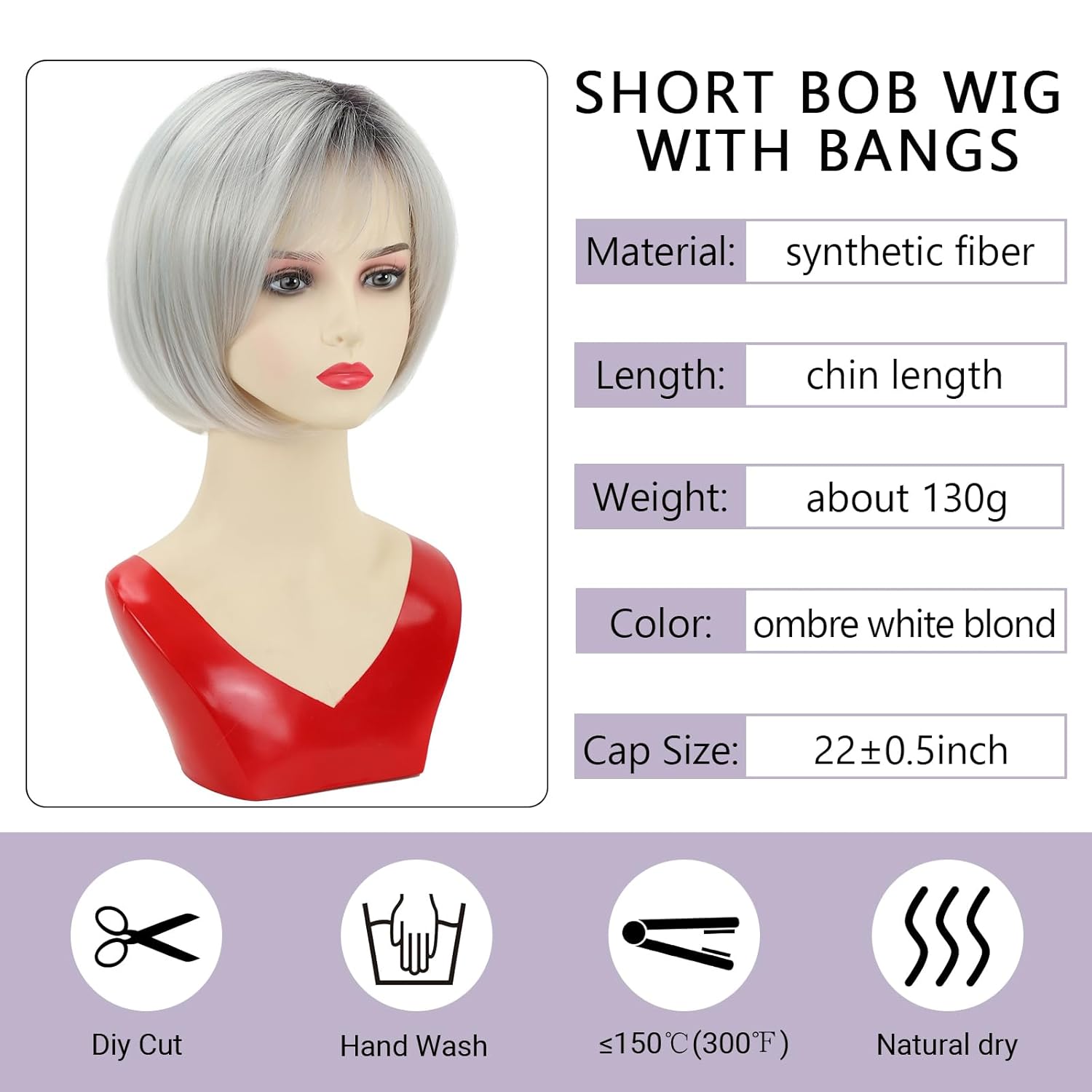 TISHINING Ombre White Blonde Short Bob Wig with Bangs for White Women 10 Inch Chin Length Layered Mixed Blonde Straight Bob Wig with Dark Roots Synthetic Natural Looking Daily Party Wig - Image 2