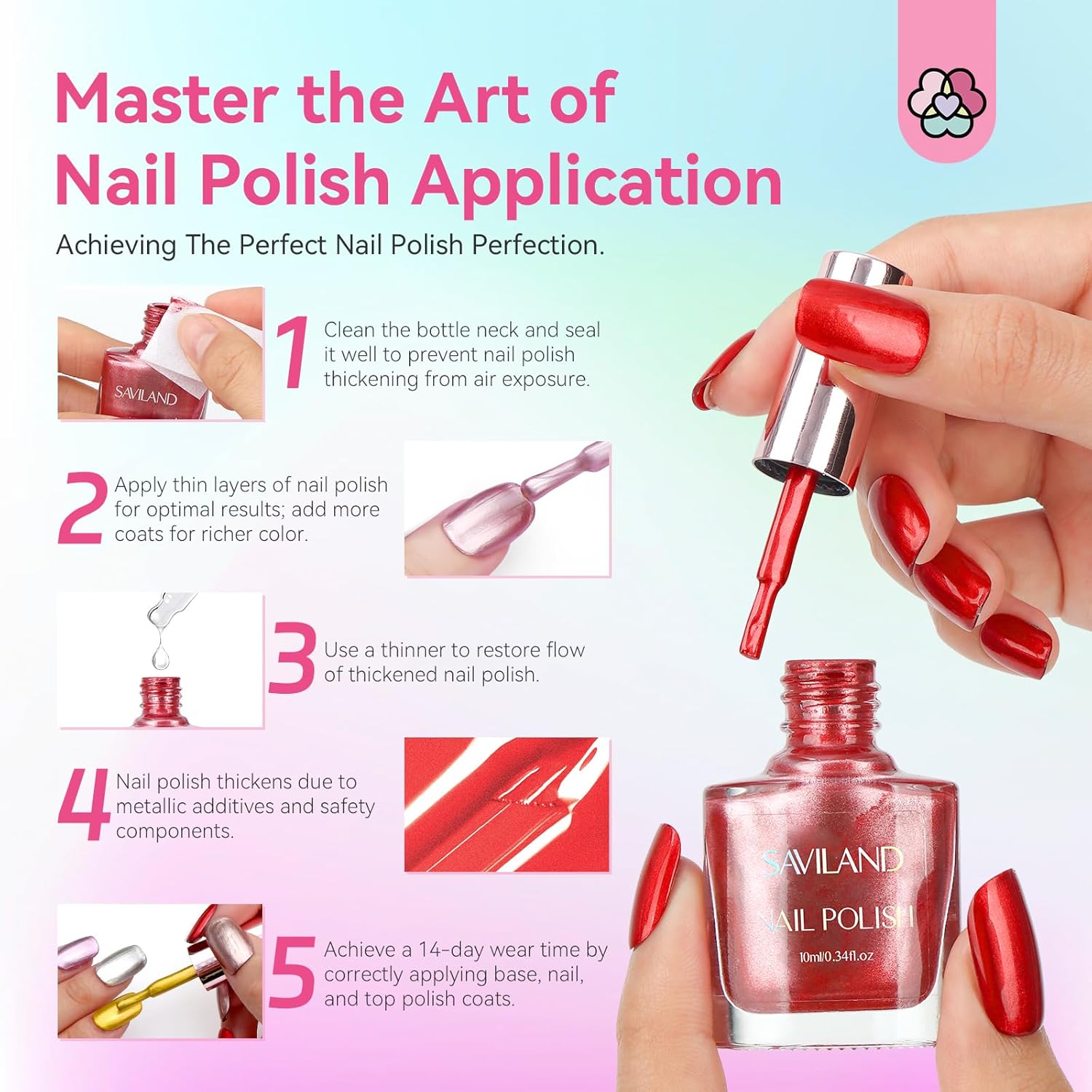 SAVILAND Metallic Nail Polish Set: 12 Colors Mirror Chrome Glitter Nail Polish 0.34oz Holographic Red Silver Pink Nail Polish Quick-Dry Base Top Polish Coat for Fingernail Toenail French Manicure Art - Image 4