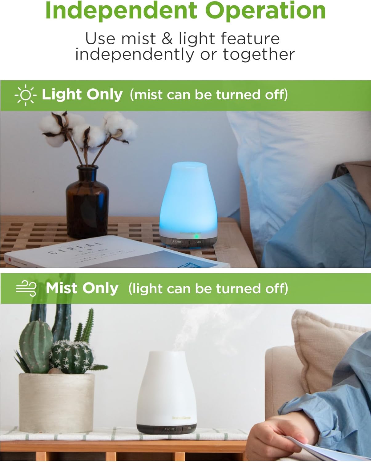 InnoGear Essential Oil Diffuser, Premium 5-in-1 Diffusers for Home Scent Aromatherapy Diffuser Air Desk Humidifier for Bedroom Large Room Office 7 Color LED 2 Mist Mode Waterless Auto Off, Brown Base - Image 4