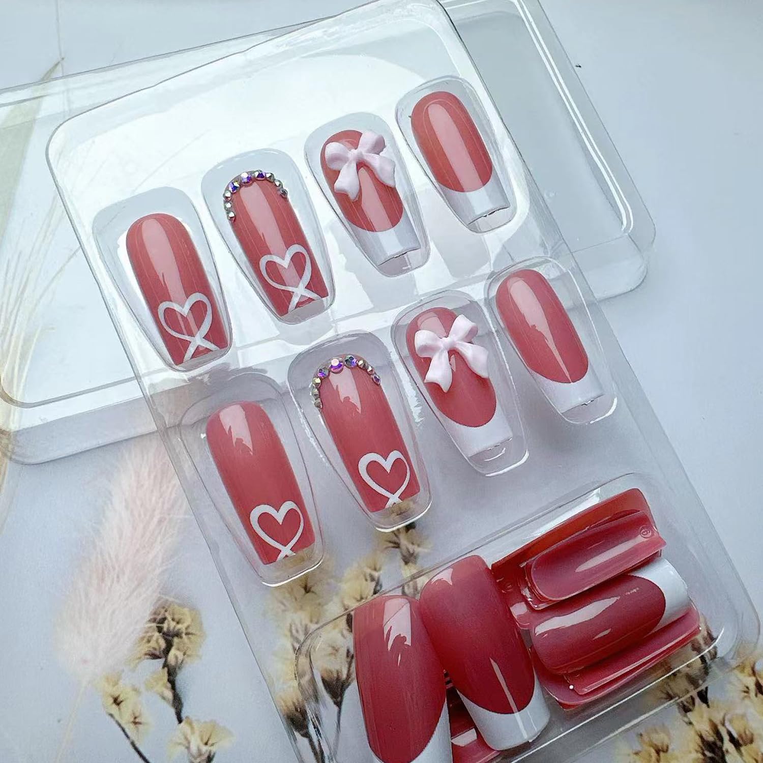 French Tip Press on Nails with Charms Medium Fake Nails White French Nails Press ons Cute Bow Stick on Nails Long Square Shape Acrylic Nails Heart Nails Rhinestones Nails for Women Daily Wear - Image 6