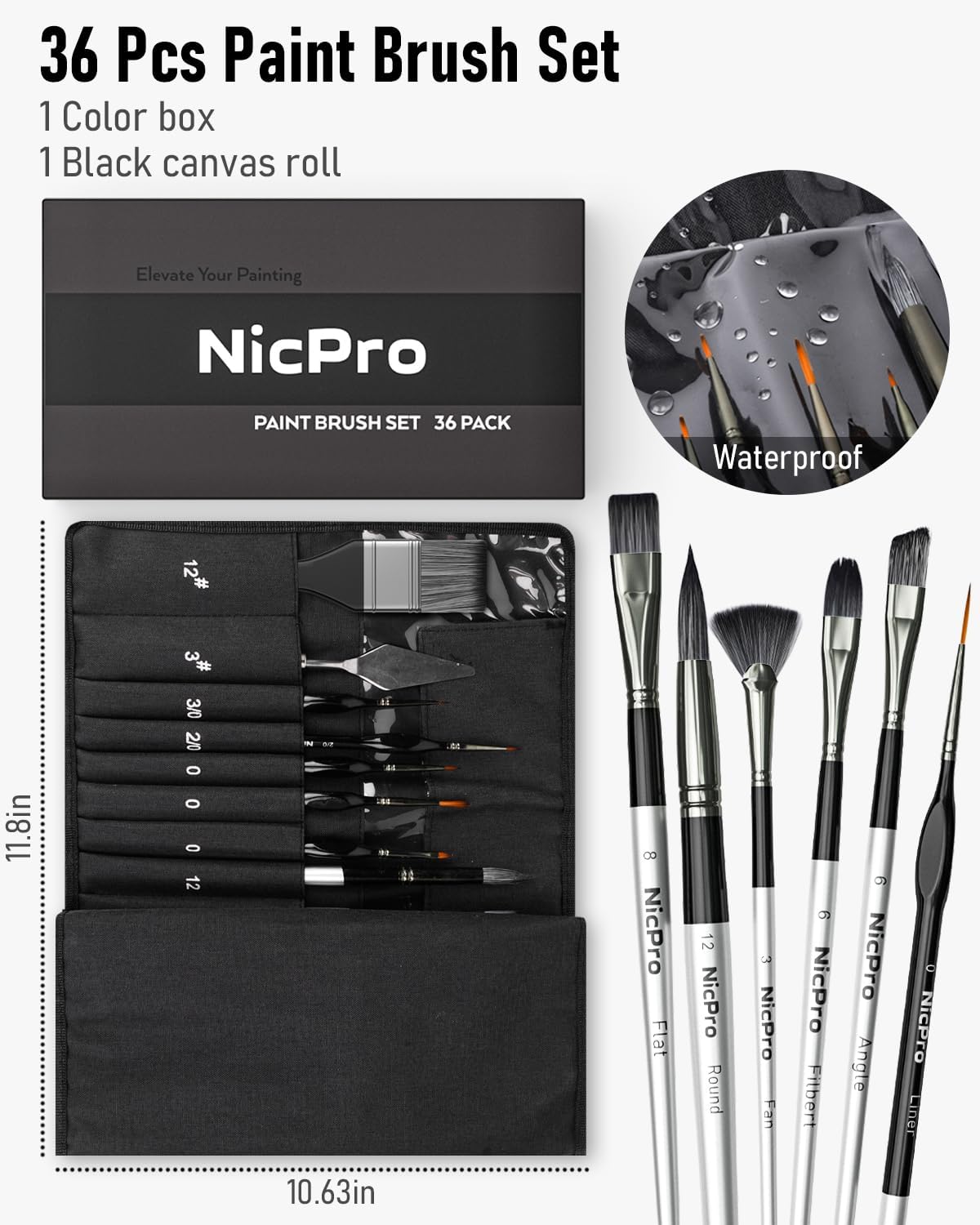Nicpro 36pcs Paint Brush Set, Professional Paintbrushes with Palette Knife and Cloth Roll, Suitable for Artists and Beginners for Acrylic Painting, Oil, Watercolor, Gouache - Image 6