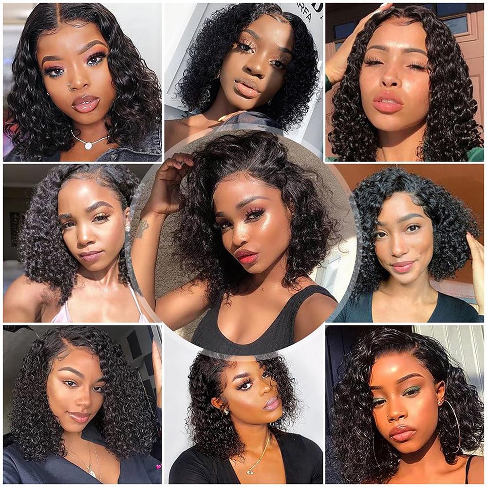 13x6 Bob Wig Deep Wave Lace Front Wigs Human Hair 13x6 Lace Frontal Wigs 180% Density Curly Bob Wig Human Hair Pre Plucked Deep Wave Wig for Black Women (Natural Black, 12Inch) - Image 8