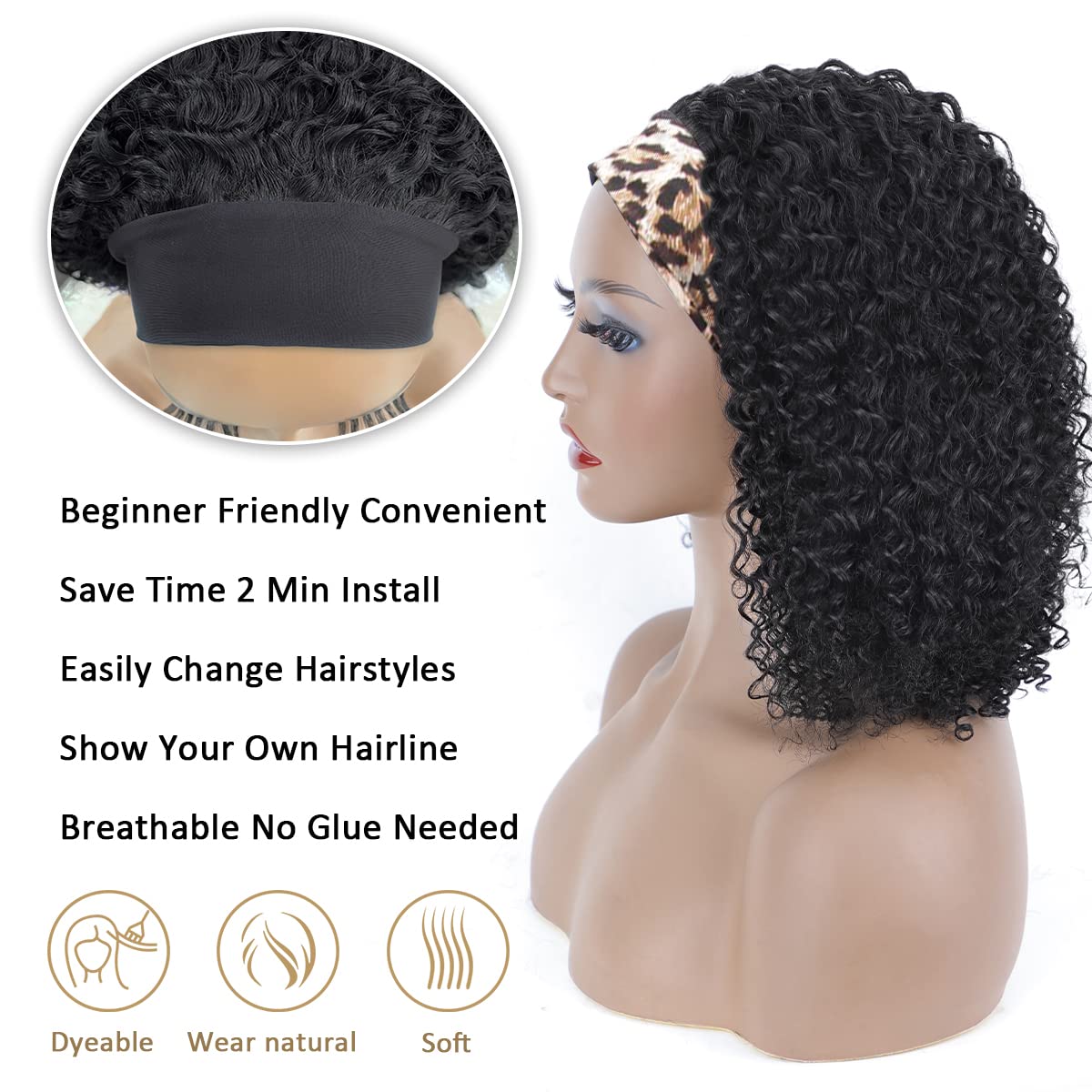 12 Inch Curly Human Hair Headband Wig Natural Black Glueless 150% Density - Image 3