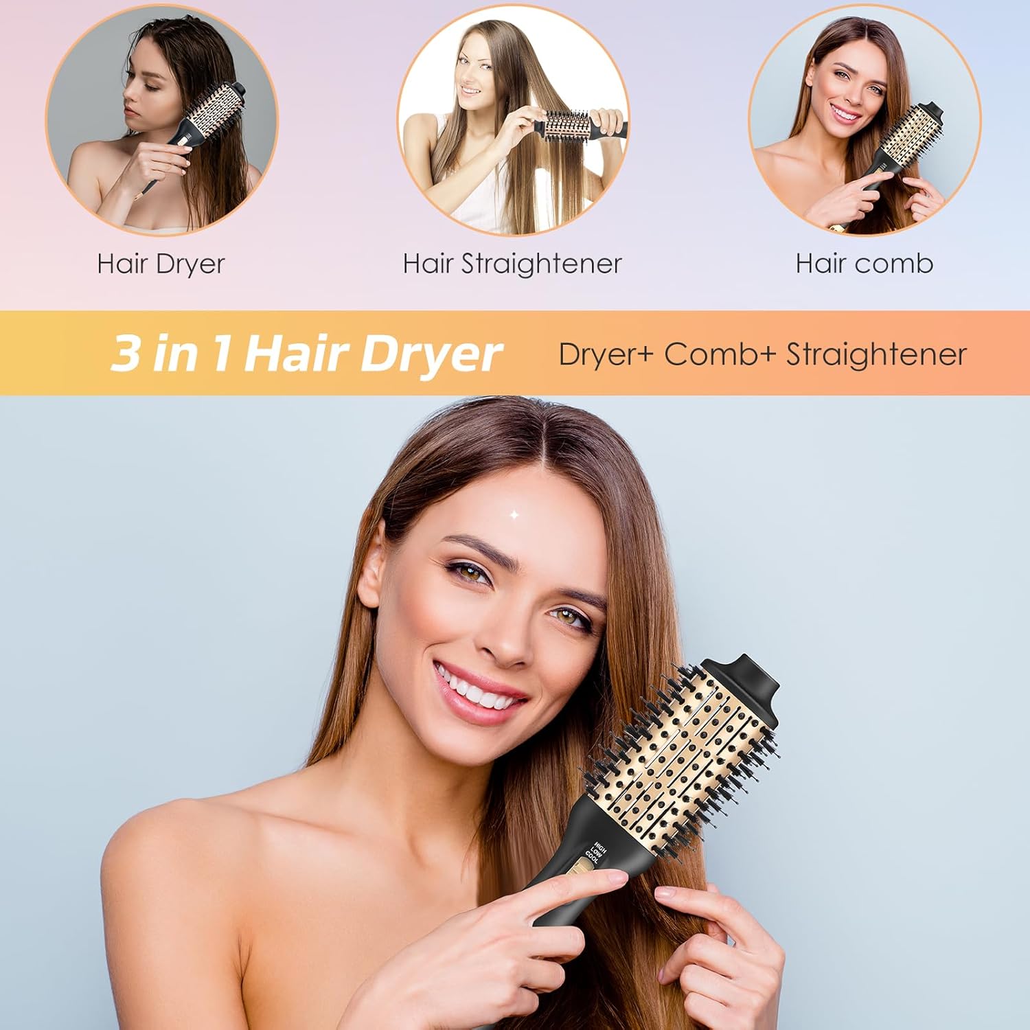 YourMate Hair Dryer Brush - Portable Hot Air Volumizing Brush with Adjustable 3 Temperature Settings for Stylish Hair Drying - Image 2