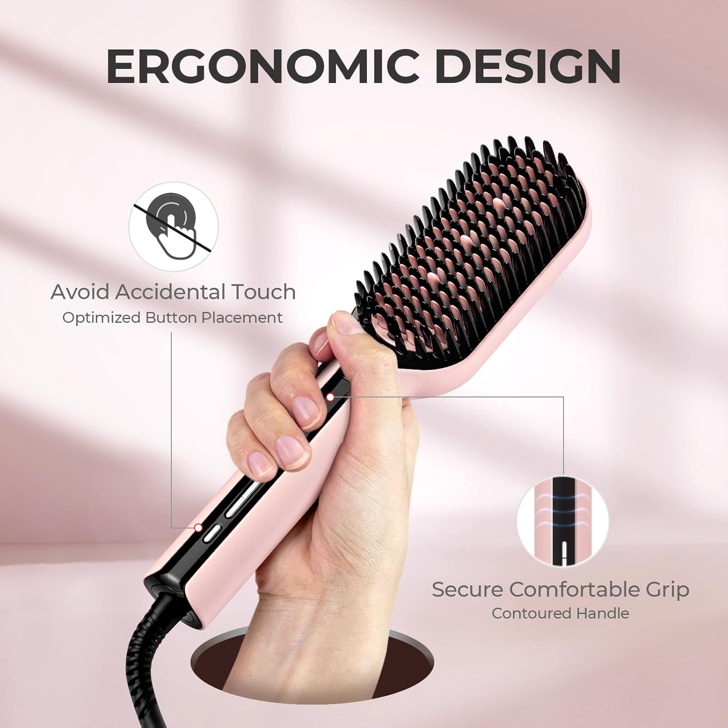 TYMO Hair Straightener Brush - Upgraded Ionic Plus Straightening Brush with Dense Bristles, 16 Temps, Dual Voltage | Ceramic Hot Comb for Women | Flat Iron for Thick Curly Hair, Pink - Image 6