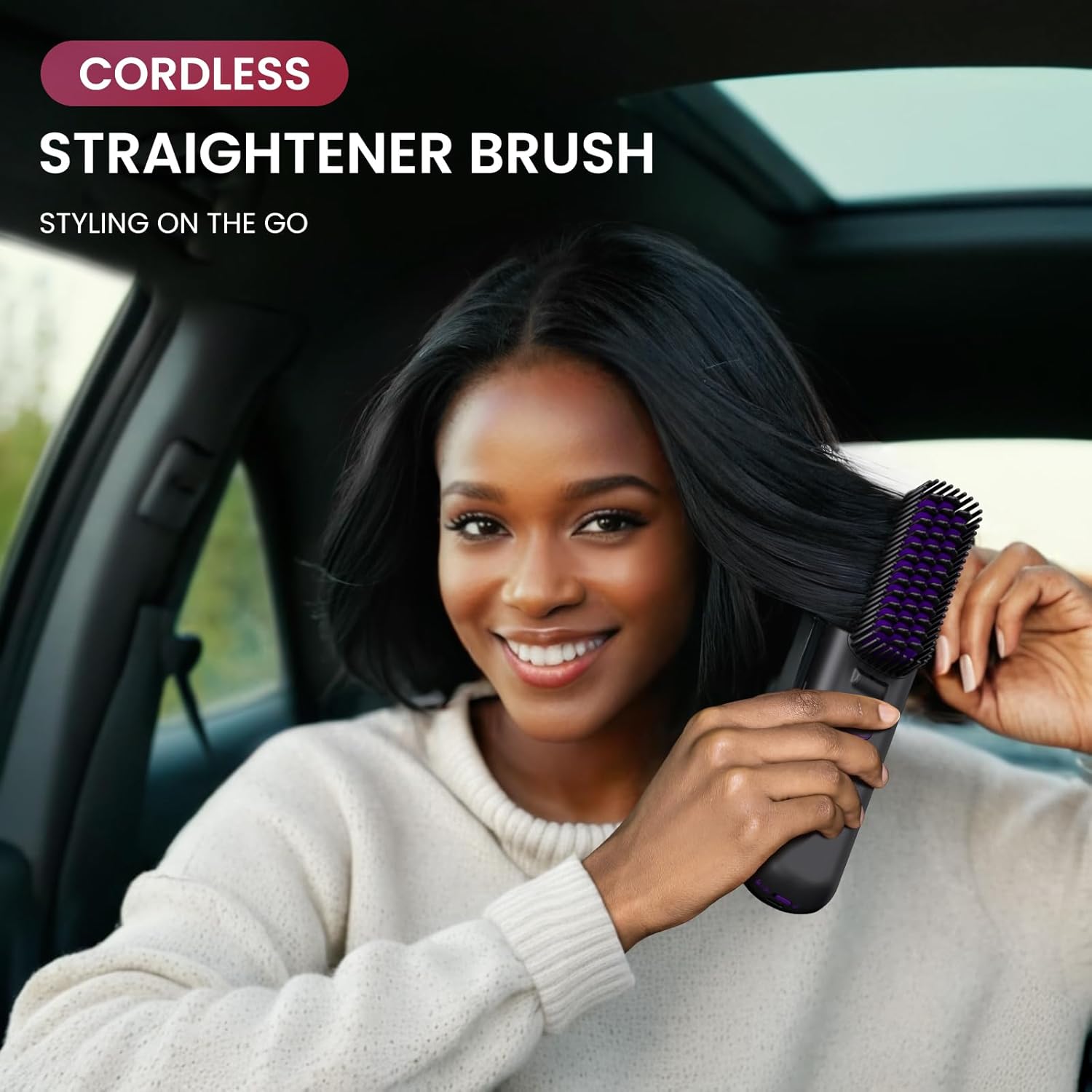 Cordless Hair Straightener Brush, Portable Mini Straightening Brush for Travel, Negative Ion Hot Comb Hair Straightener for Women, Light Purple - Image 2