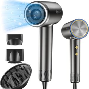 Hair Dryer with Diffuser - Negative Ionic Blow Dryer with 110, 000 RPM Brushless High-Speed Motor for Fast Drying, 1400W Low Noise Thermo-Control Hairdryer with Magnetic Nozzle for Home/Travel