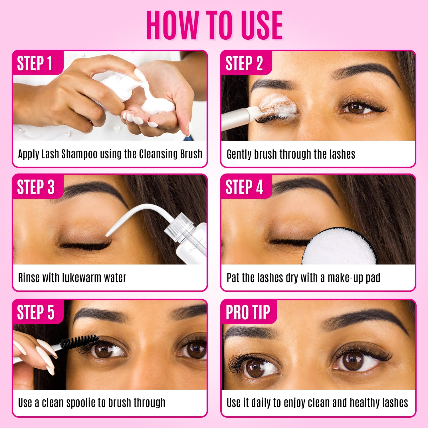 STACY LASH Lash Shampoo Kit Foaming Cleanser with Eye Lash Spoolies & Rinse Bottle & Cleansing Pad & Brush for Eyelash Extensions & Clusters & Natural Eyelashes - Image 6