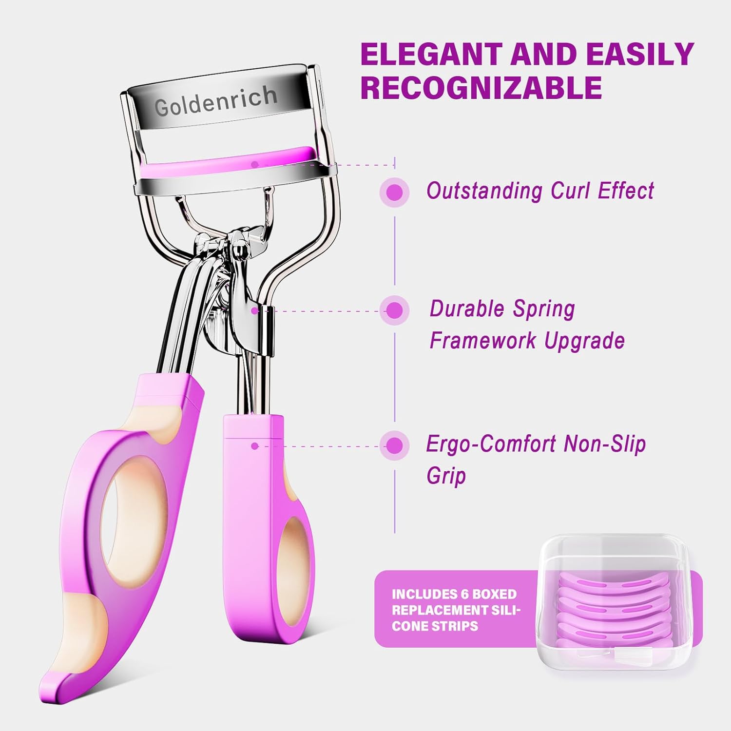 Goldenrich Eyelash Curler Set Silver Purple Pink Design 6 Replacement Pads - Image 2