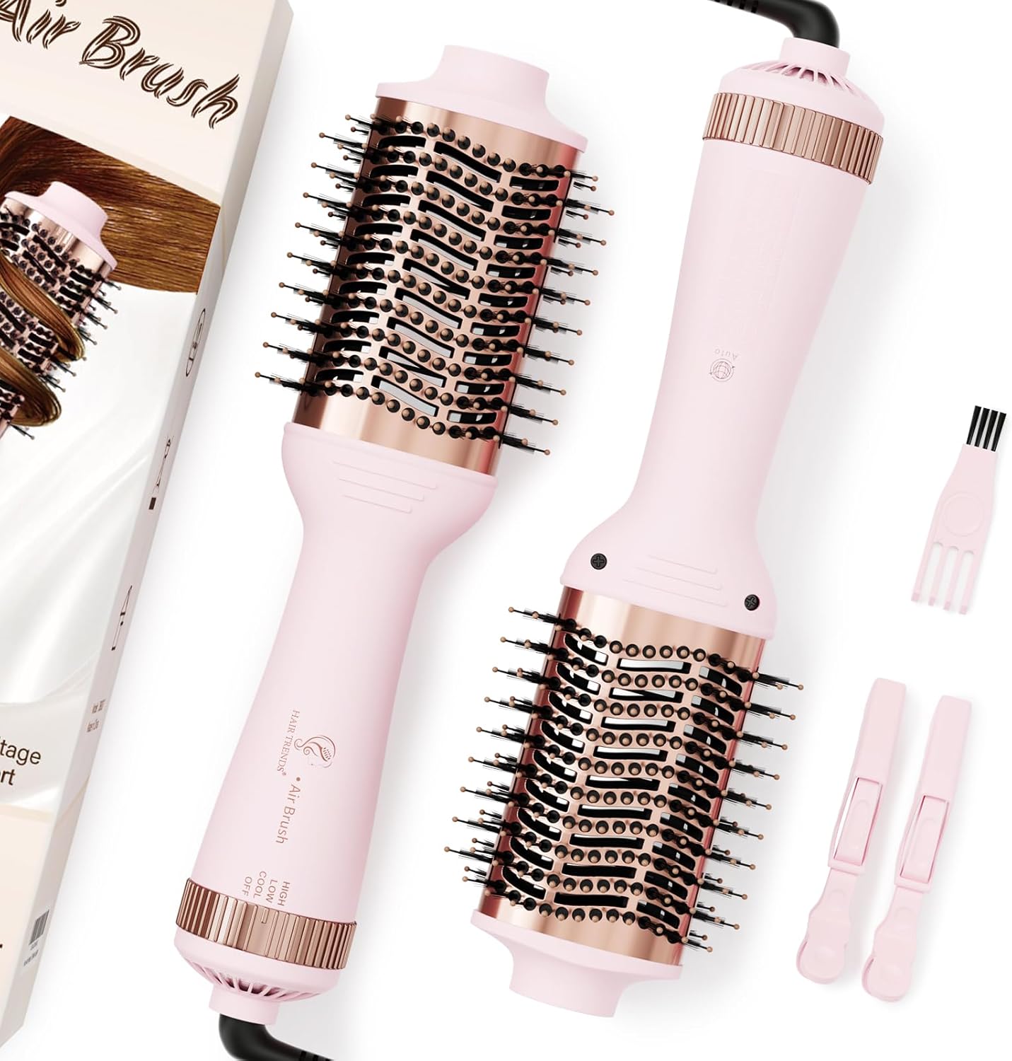 Big Size Dual Voltage Hot Air Brush Dryer, 4 in 1 Ionic Blowout Hair Dryer Brush & Styler Volumizer with 75MM Oval Titanium Barrel for Long & Thick Hair